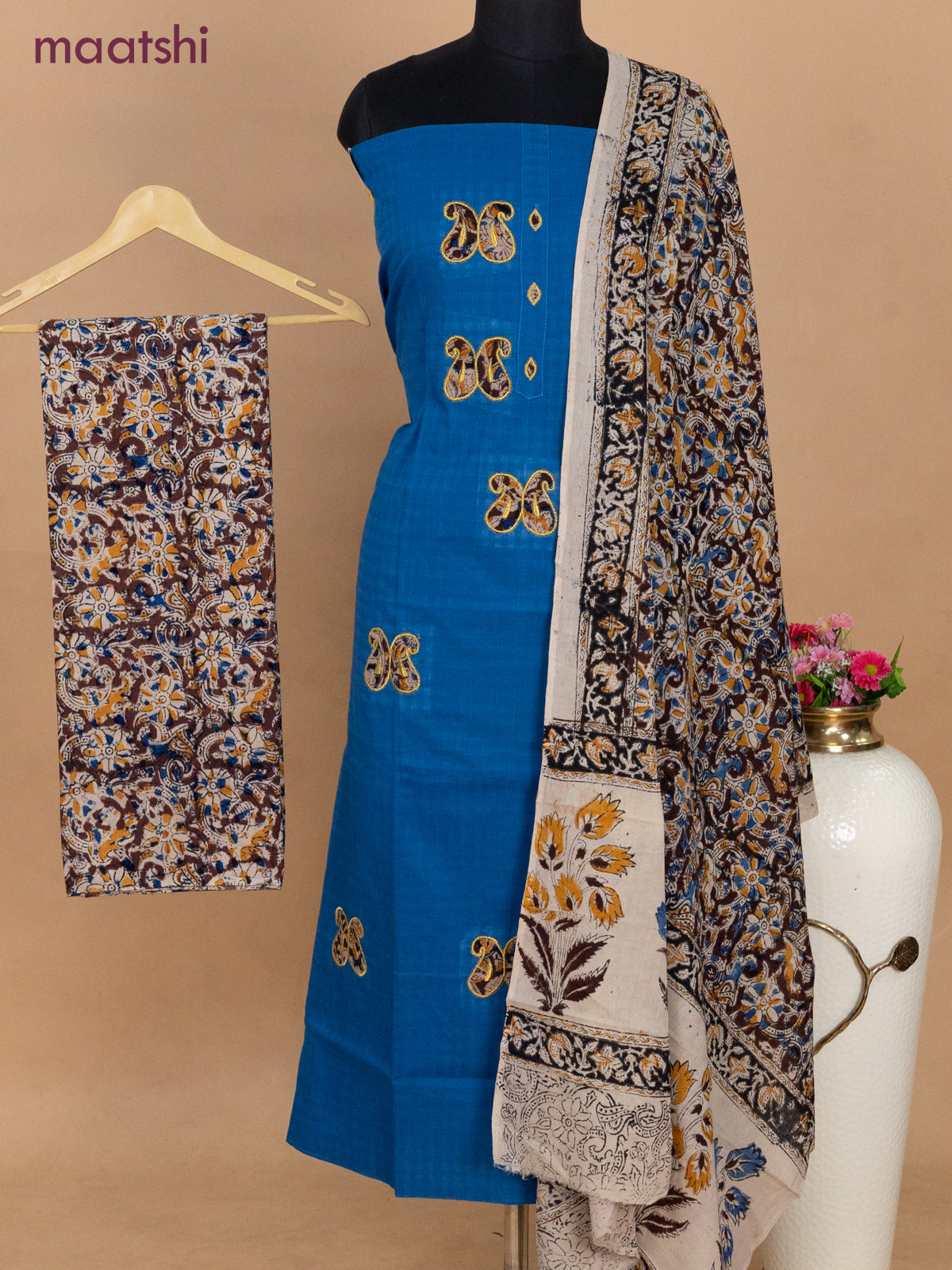 Cotton applique work dress materials cs blue and beige brown with kalamkari patch work and kalamkari bottom & dupatta