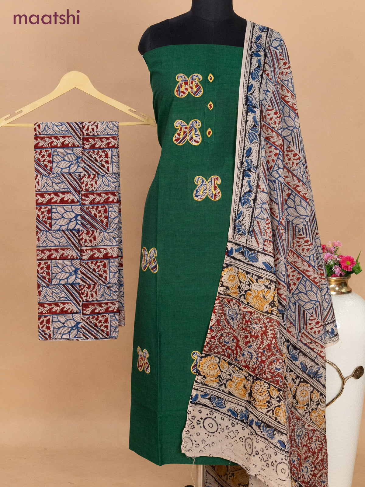 Cotton applique work dress materials green and beige maroon with kalamkari patch work and kalamkari bottom & dupatta