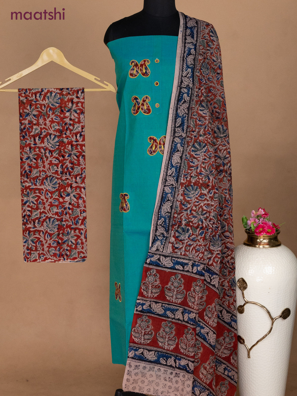 Cotton applique work dress materials teal bluish green and maroon beige with kalamkari patch work and kalamkari bottom & dupatta
