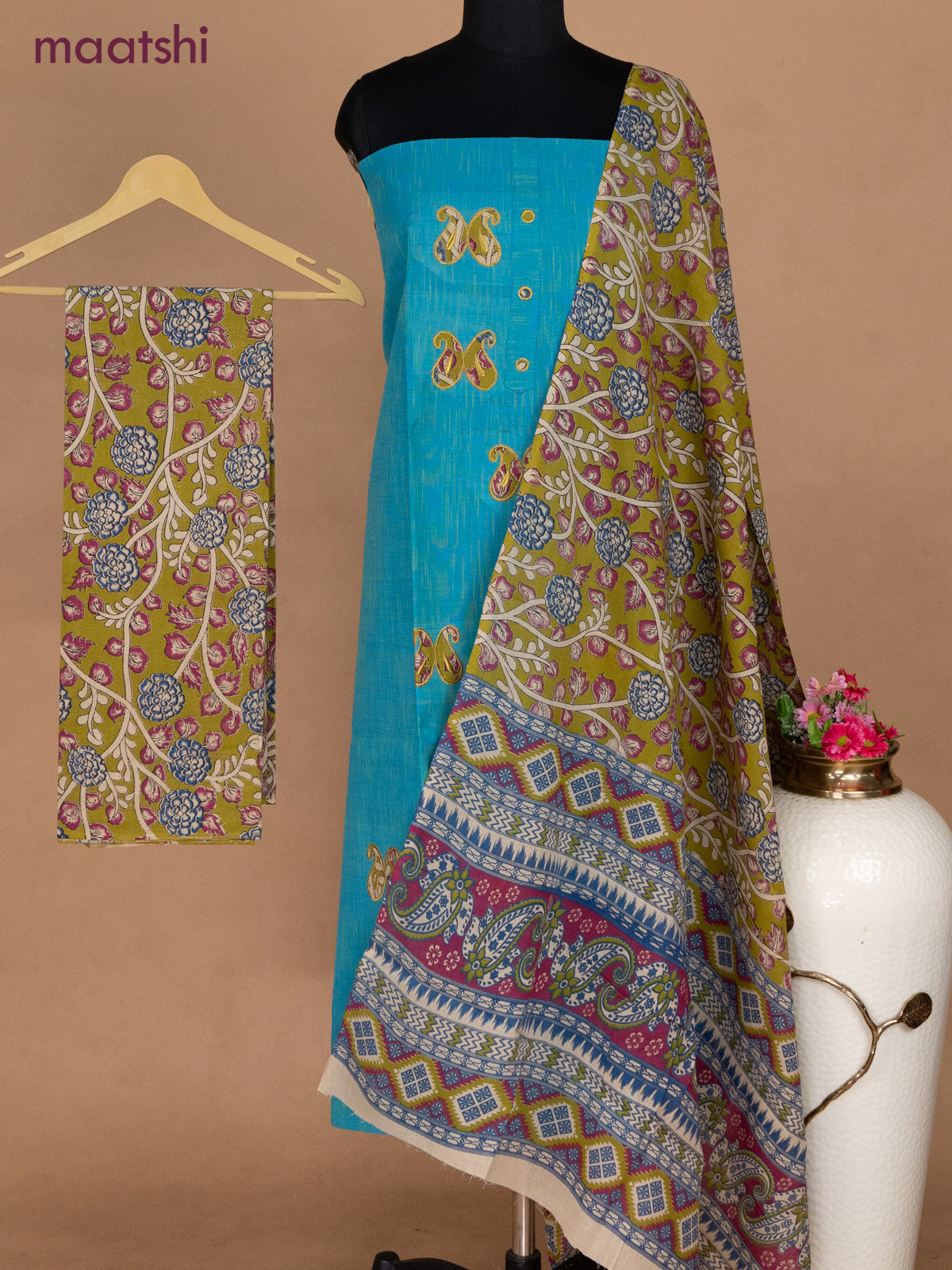 Cotton applique work dress materials teal bluish green and mehendi green with kalamkari patch work and kalamkari bottom & dupatta