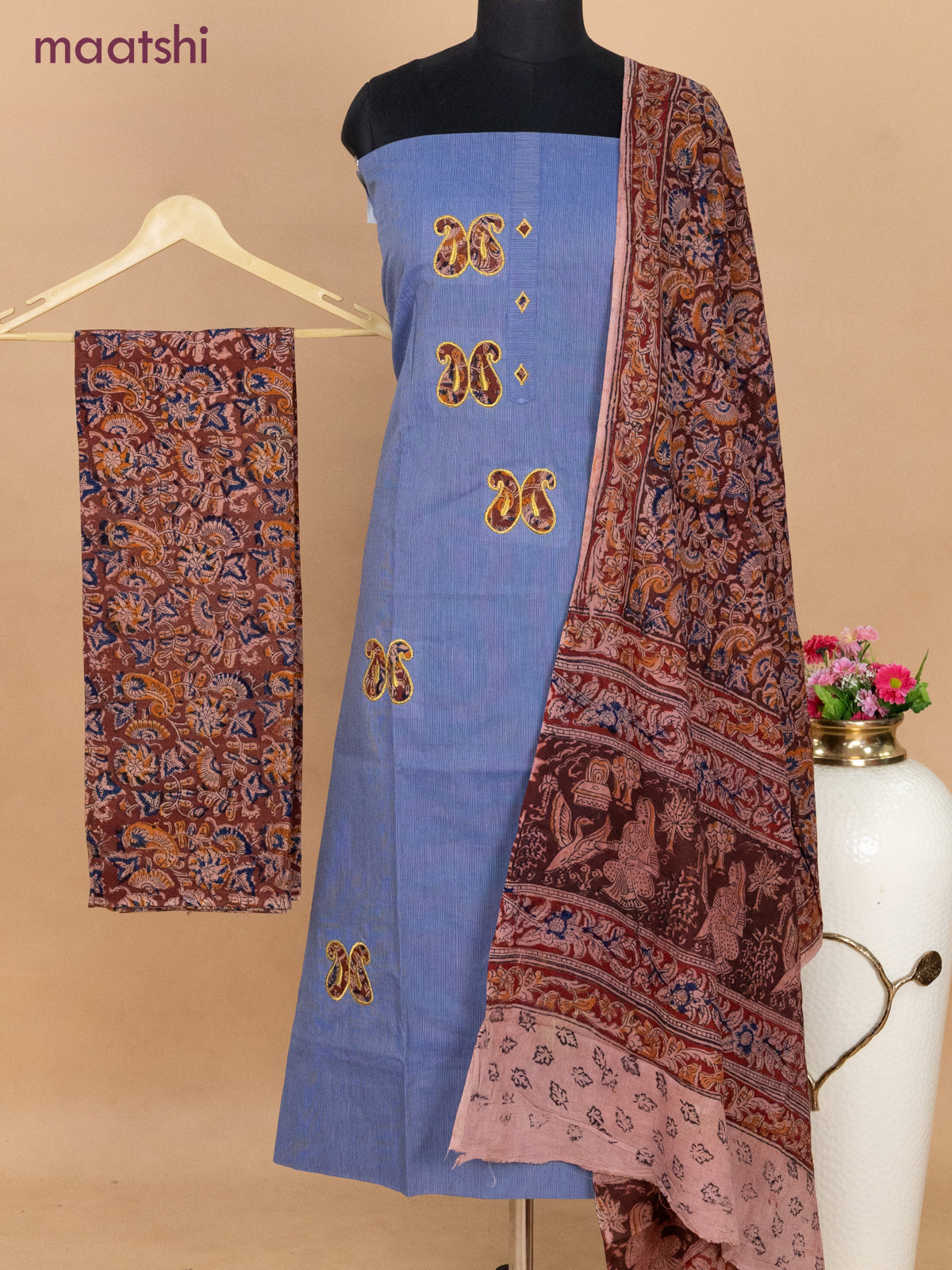 Cotton applique work dress materials blue shade and maroon with kalamkari patch work and kalamkari bottom & dupatta