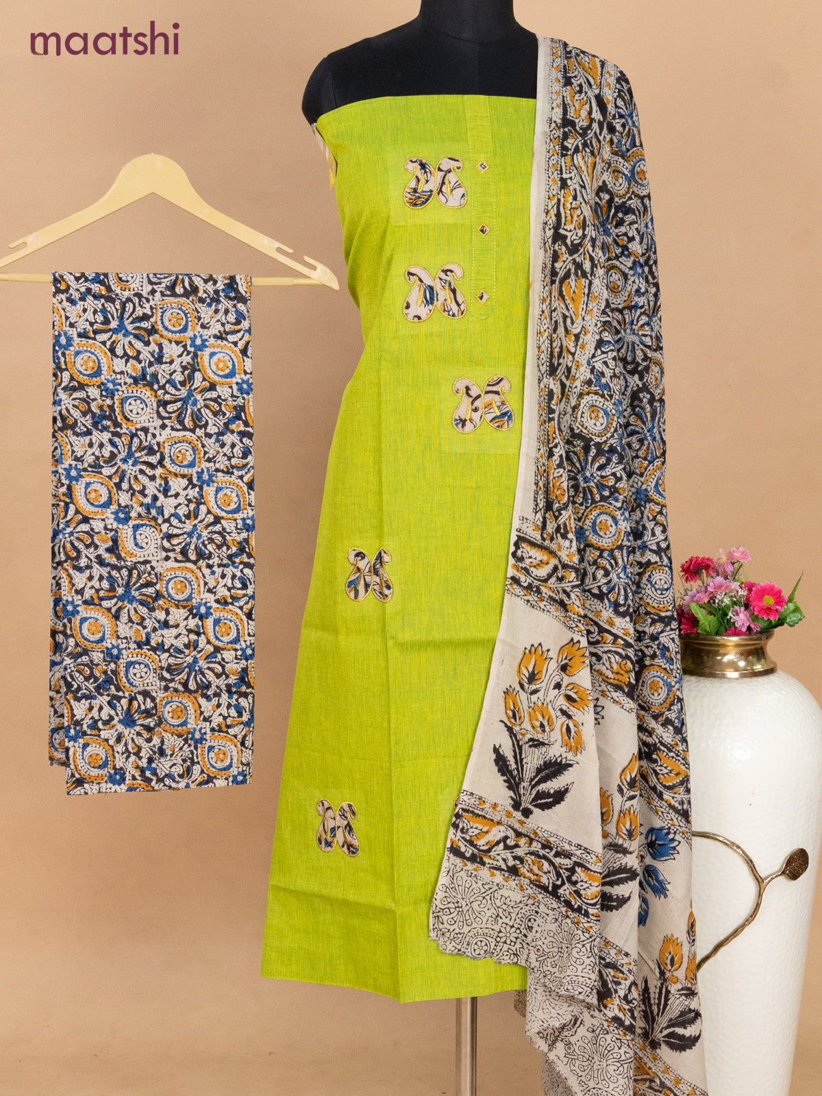 Cotton applique work dress materials light green and black beige with kalamkari patch work and kalamkari bottom & dupatta