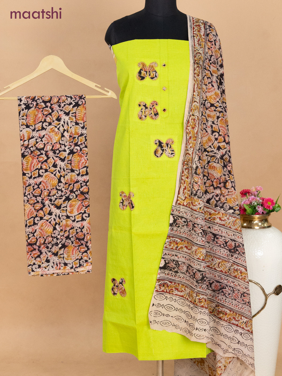 Cotton applique work dress materials fluorescent green and black with kalamkari patch work and kalamkari bottom & dupatta