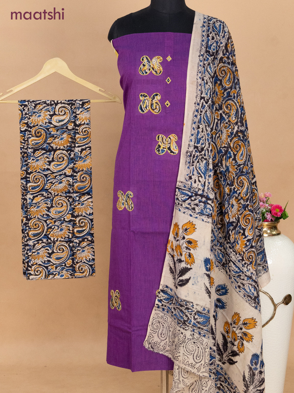Cotton applique work dress materials violet and black with kalamkari patch work and kalamkari bottom & dupatta