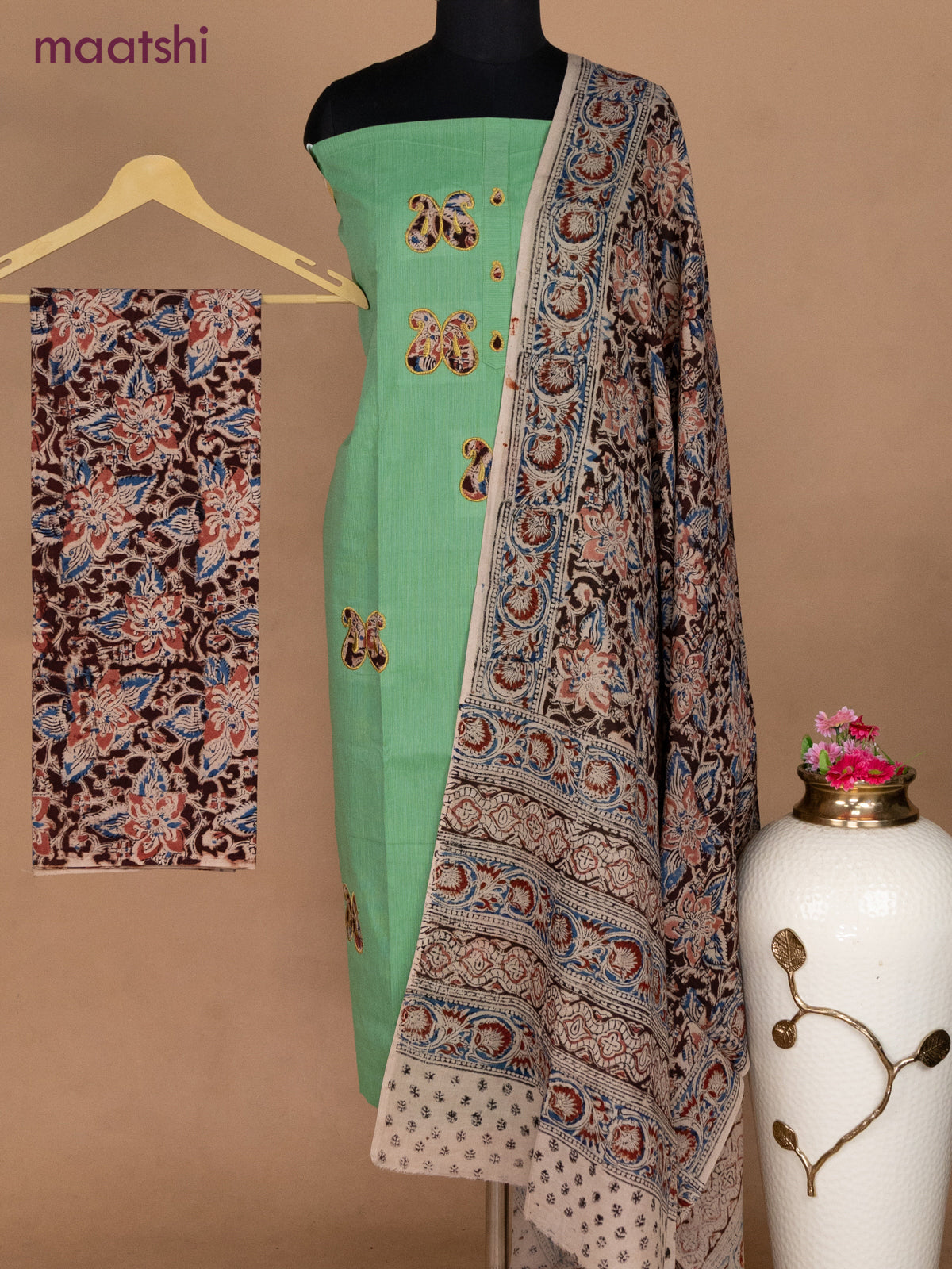 Cotton applique work dress materials green shade and deeo maroon beige with kalamkari patch work and kalamkari bottom & dupatta