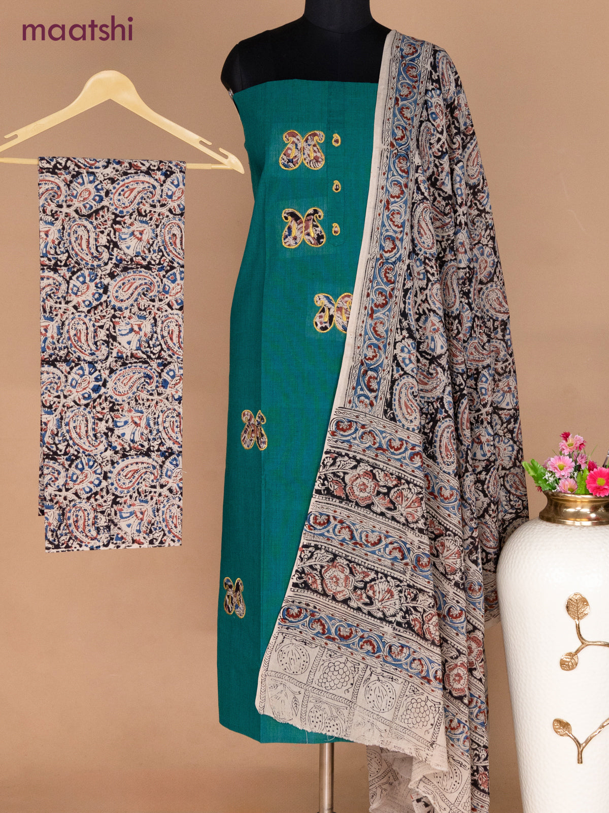 Cotton applique work dress materials teal green shade and black beige with kalamkari patch work and kalamkari bottom & dupatta