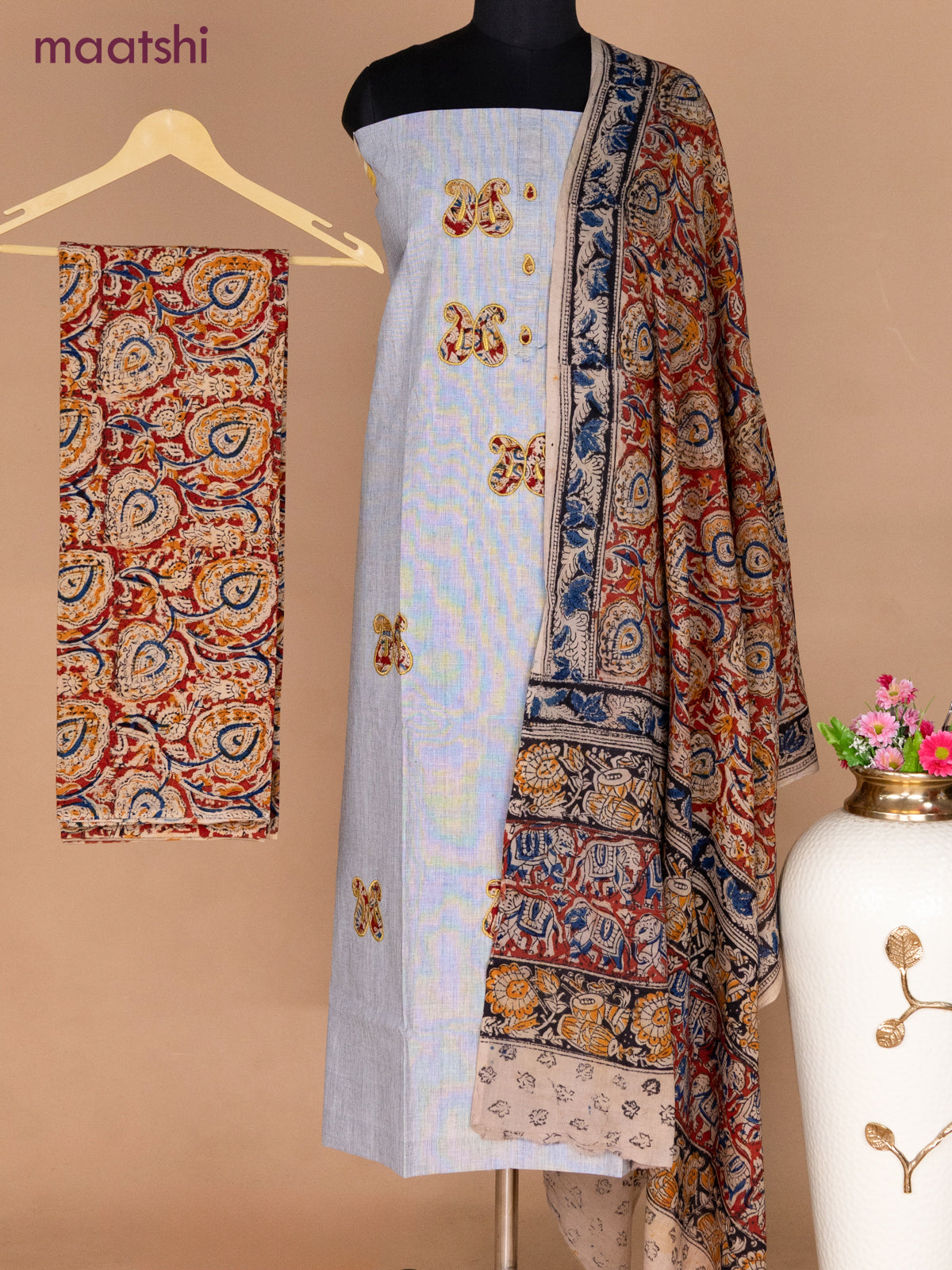 Cotton applique work dress materials grey shade and maroon beige with kalamkari patch work and kalamkari bottom & dupatta