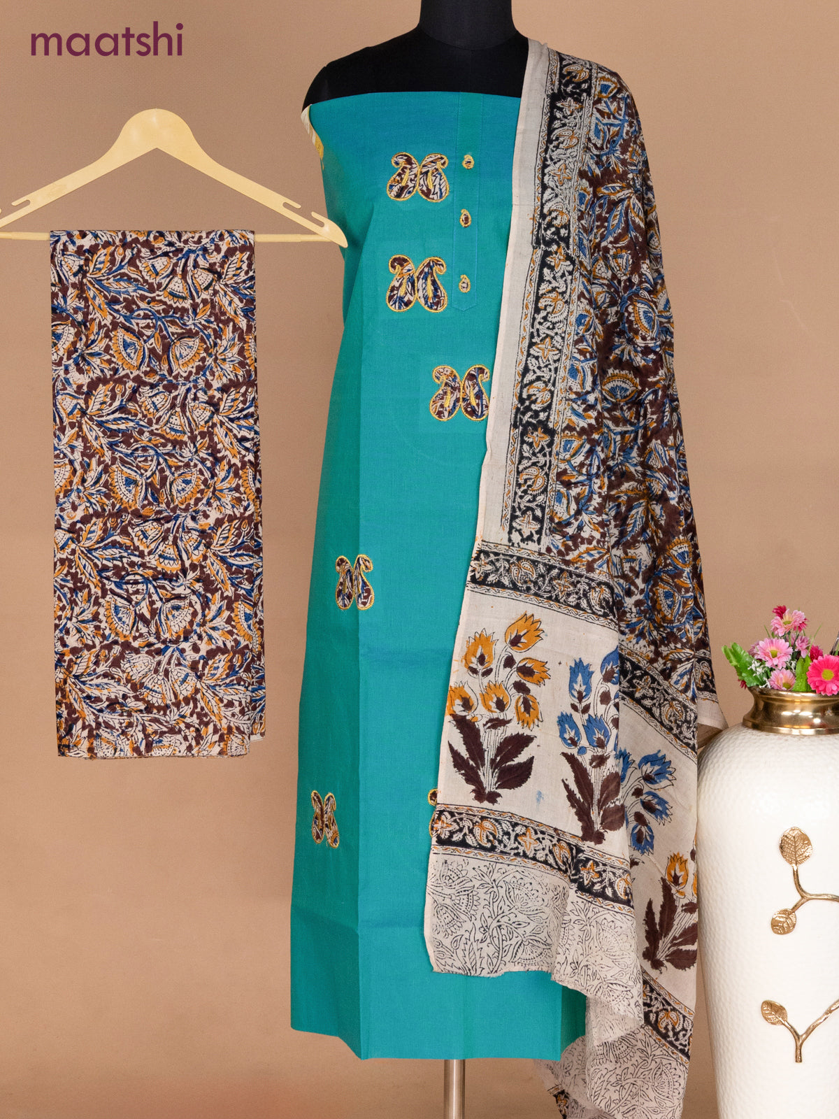 Cotton applique work dress materials teal bluish green and deep maroon beige with kalamkari patch work and kalamkari bottom & dupatta