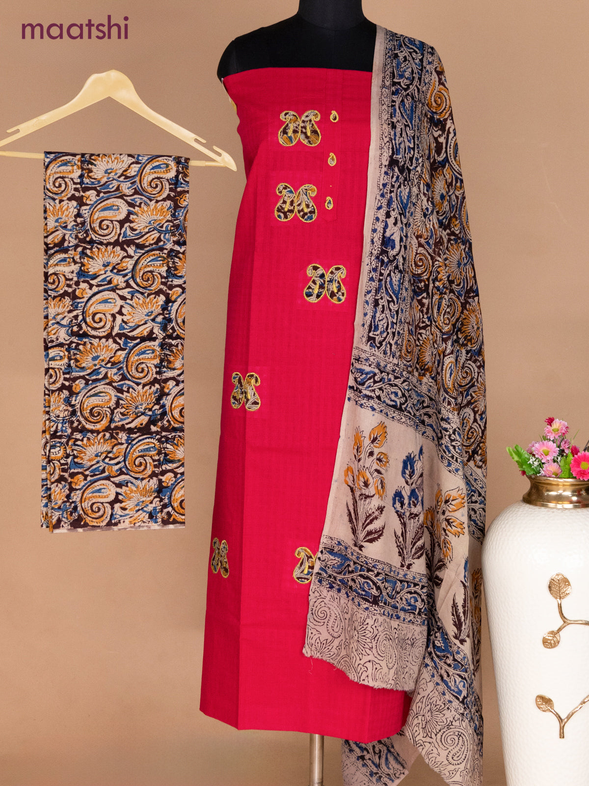Cotton applique work dress materials pink and coffee brown beige with kalamkari patch work and kalamkari bottom & dupatta
