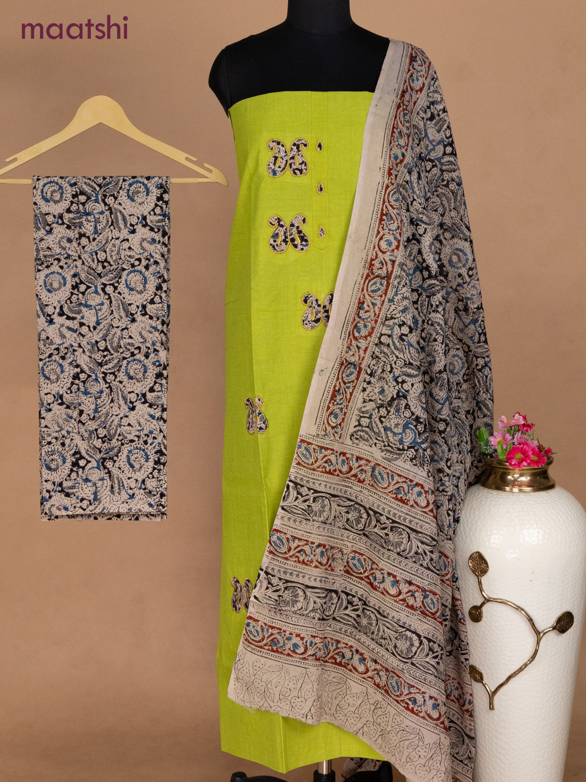 Cotton applique work dress materials light green and beige balck with kalamkari patch work and kalamkari bottom & dupatta