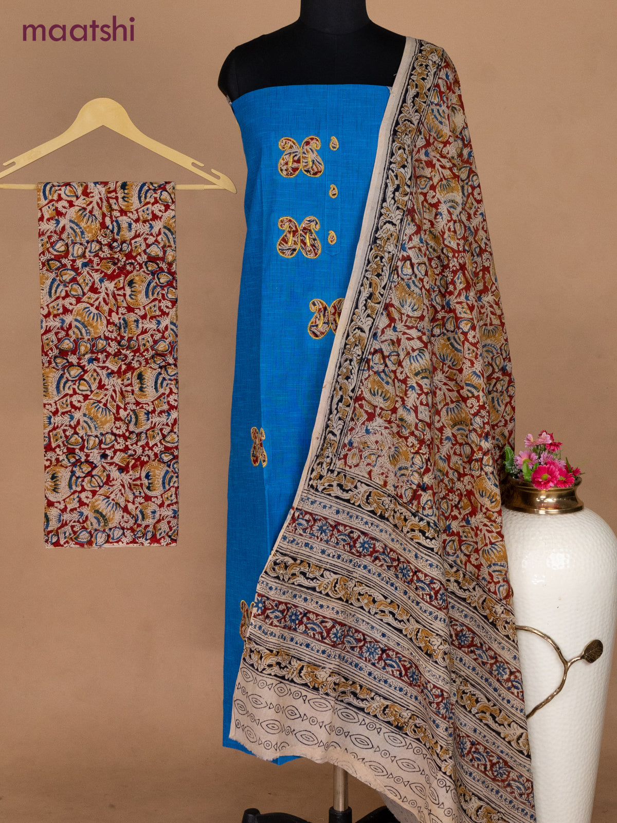 Cotton applique work dress materials cs blue and maroon with kalamkari patch work and kalamkari bottom & dupatta