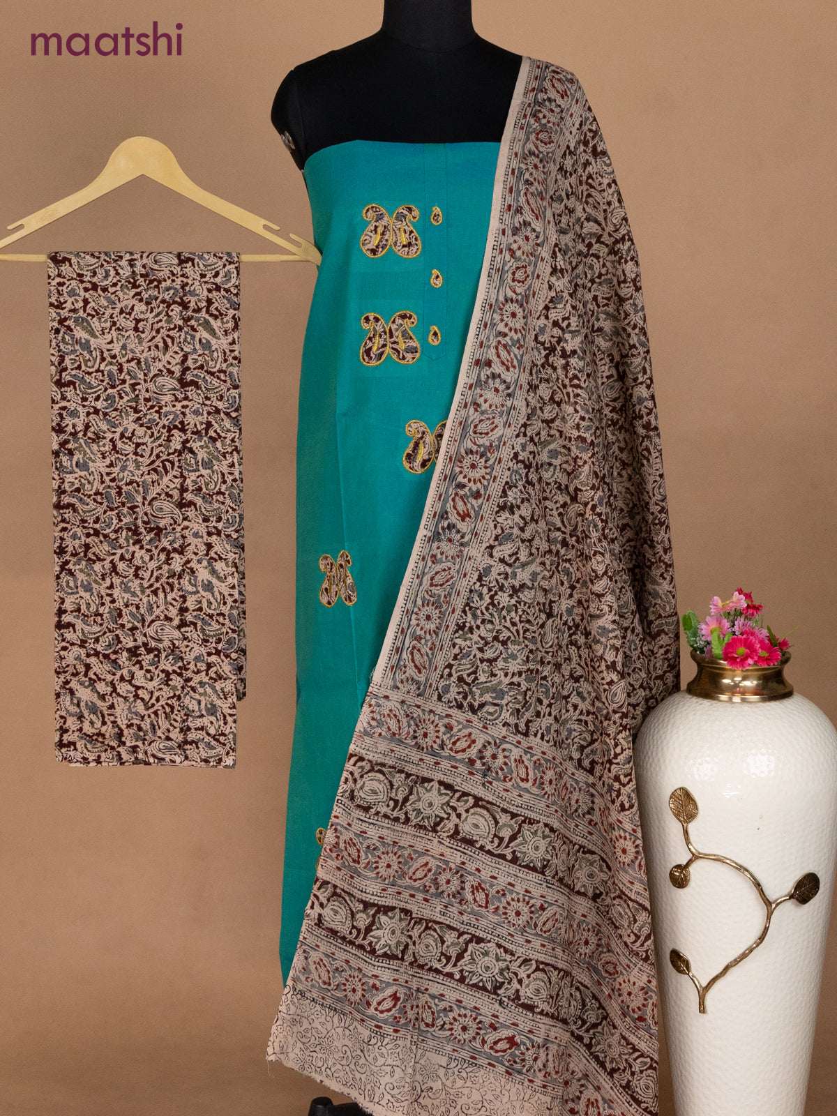 Cotton applique work dress materials teal bluish green and deep maroon beige with kalamkari patch work and kalamkari bottom & dupatta