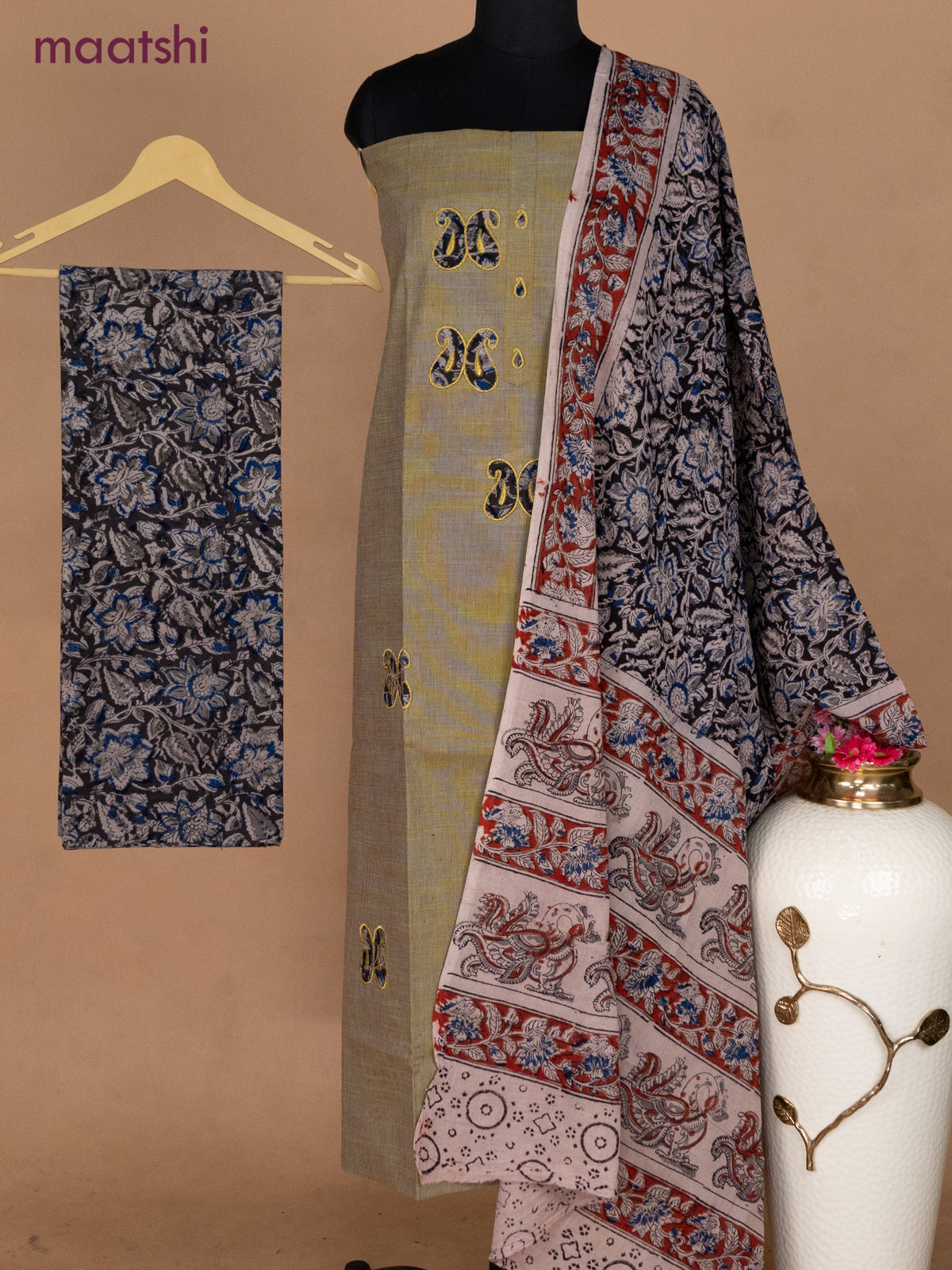 Cotton applique work dress materials greyish mustard and dark grey with kalamkari patch work and kalamkari bottom & dupatta