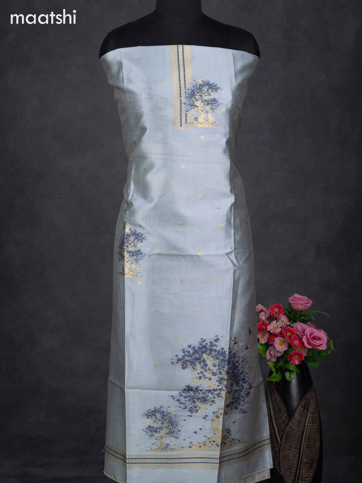 Semi tussar dress material pastel blue with zari woven buttas & simple zari neck pattern and bottom & dupatta