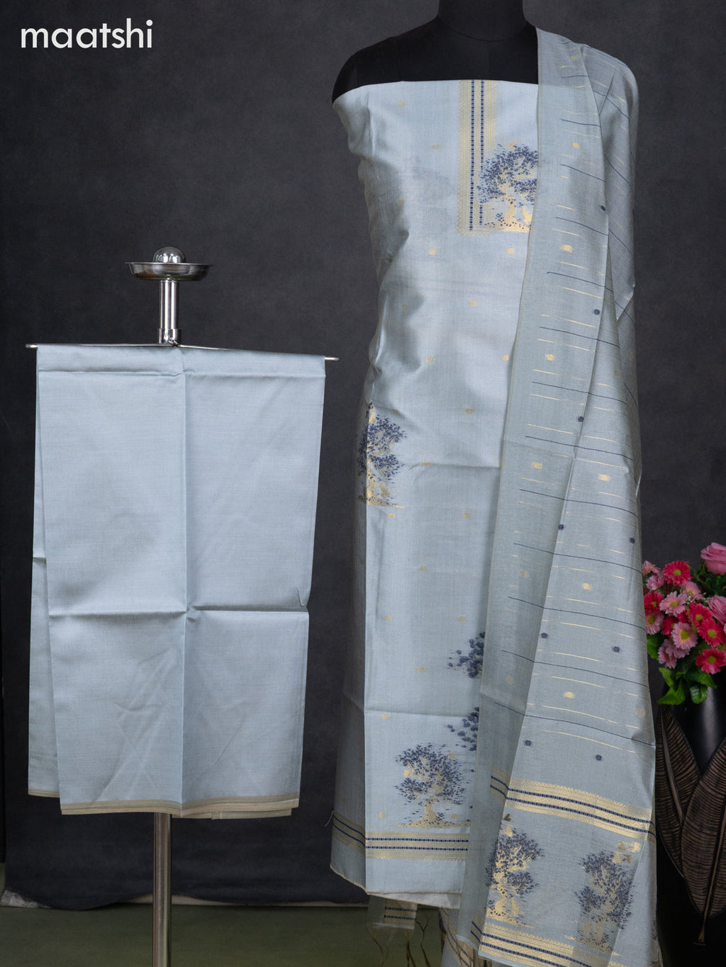 Semi tussar dress material pastel blue with zari woven buttas & simple zari neck pattern and bottom & dupatta