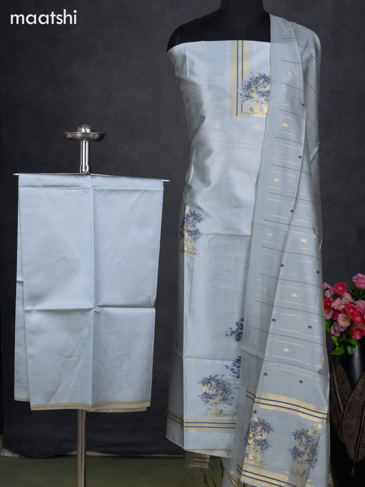 Semi tussar dress material pastel blue with zari woven buttas & simple zari neck pattern and bottom & dupatta