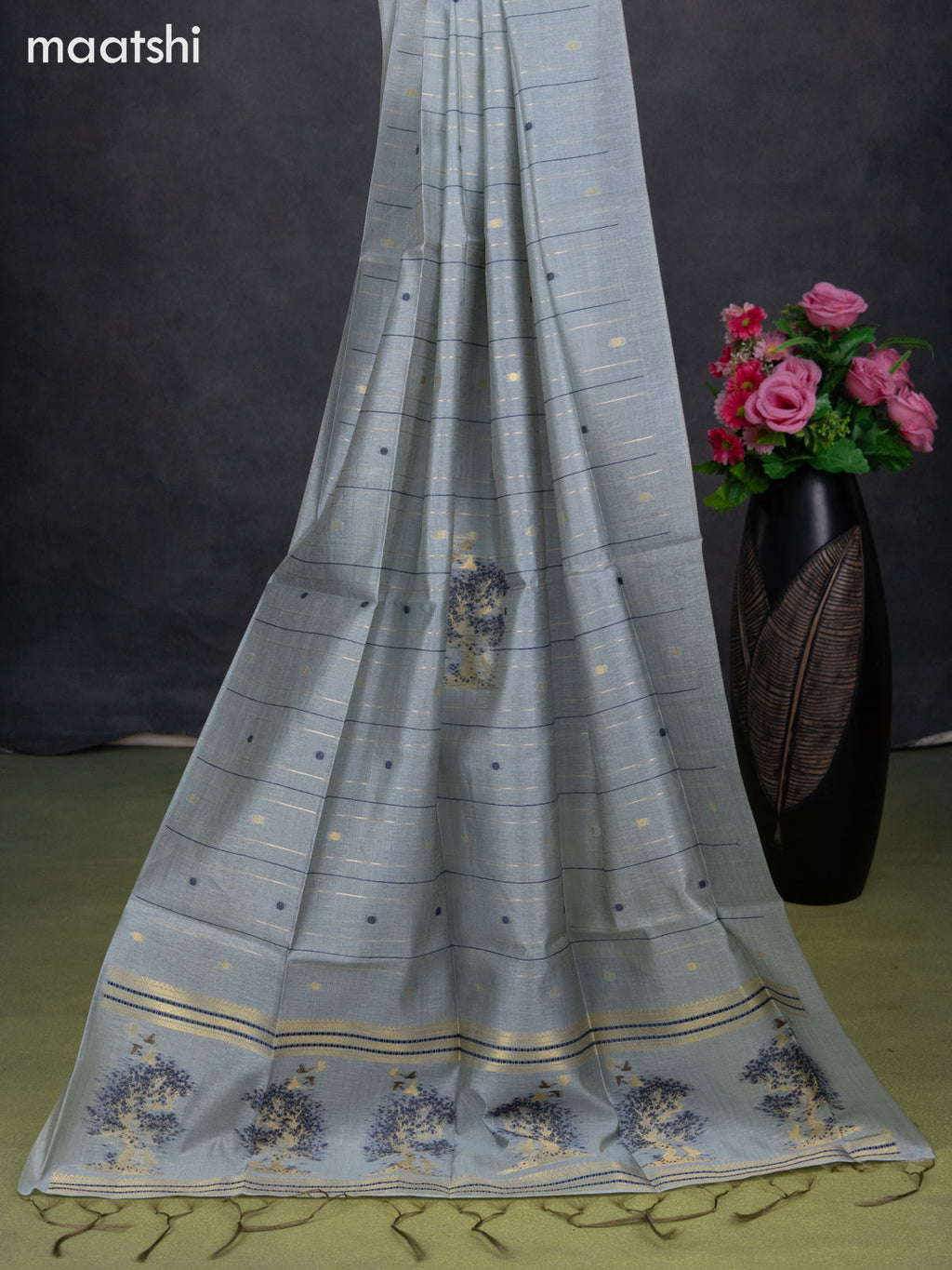 Semi tussar dress material pastel blue with zari woven buttas & simple zari neck pattern and bottom & dupatta