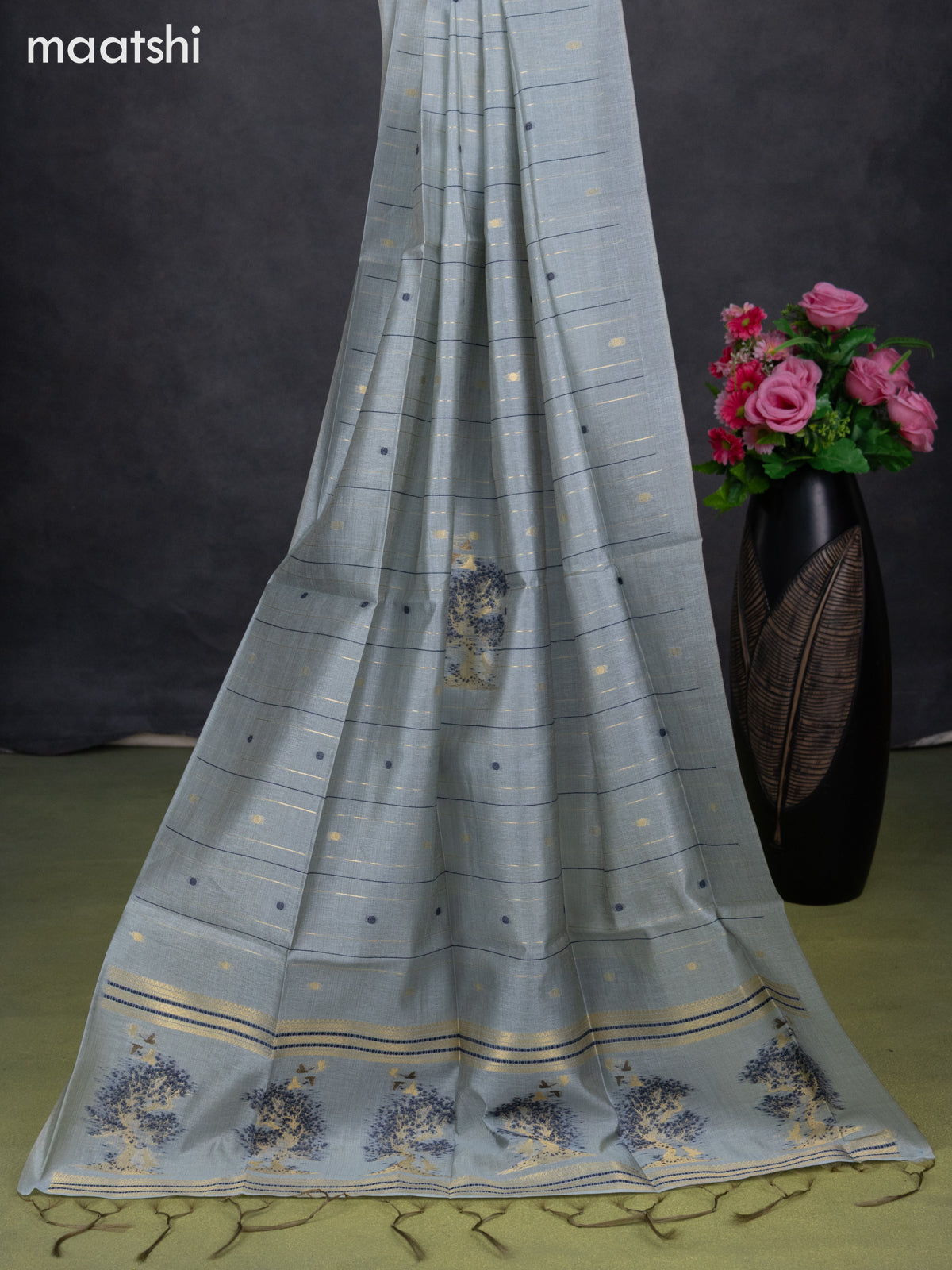 Semi tussar dress material pastel blue with zari woven buttas & simple zari neck pattern and bottom & dupatta