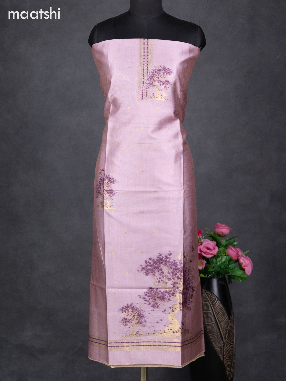 Semi tussar dress material pastel pink with zari woven buttas & simple zari neck pattern and bottom & dupatta