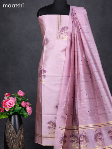 Semi tussar dress material pastel pink with zari woven buttas & simple zari neck pattern and bottom & dupatta