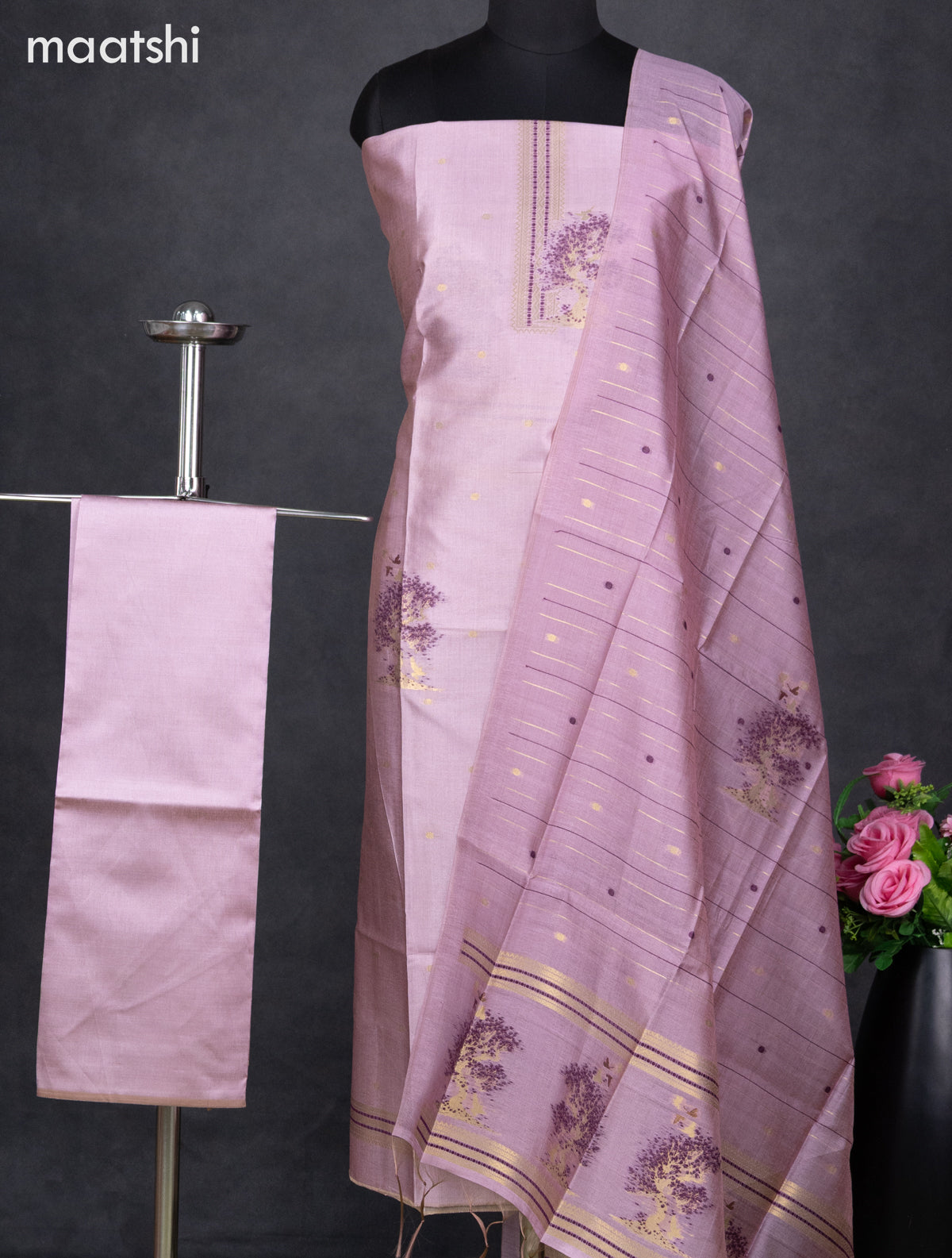 Semi tussar dress material pastel pink with zari woven buttas & simple zari neck pattern and bottom & dupatta