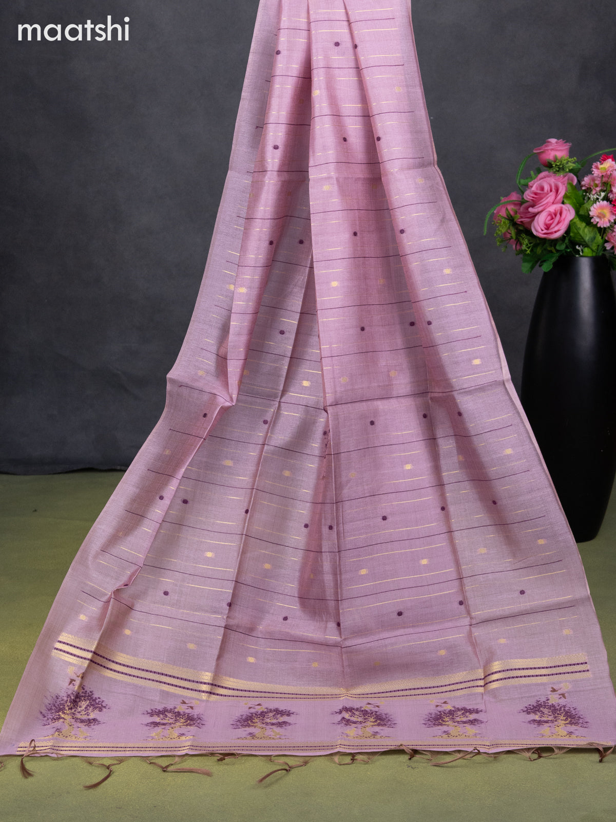 Semi tussar dress material pastel pink with zari woven buttas & simple zari neck pattern and bottom & dupatta