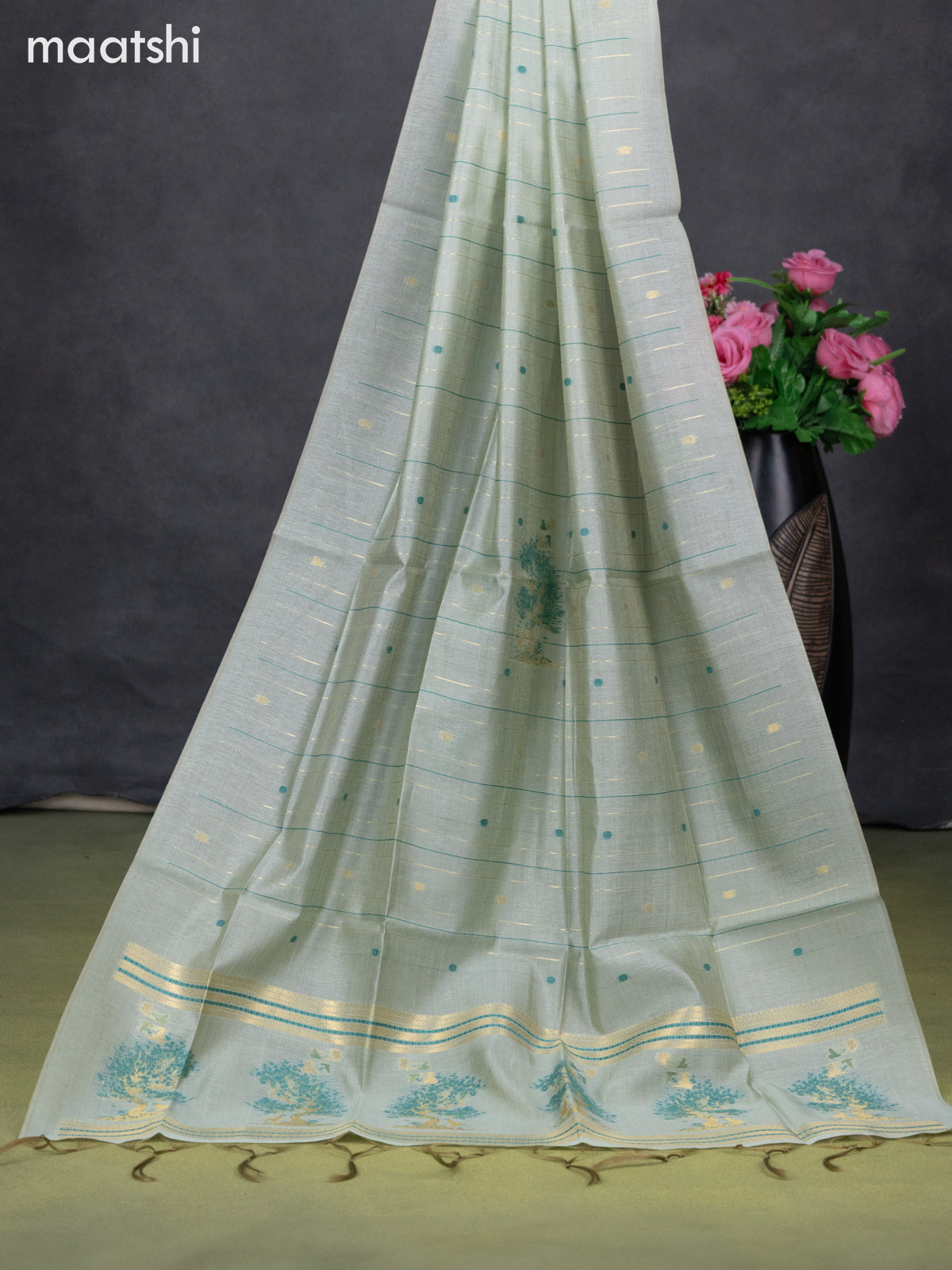 Semi tussar dress material pastel green with thread & zari woven floral weaves and bottom & dupatta