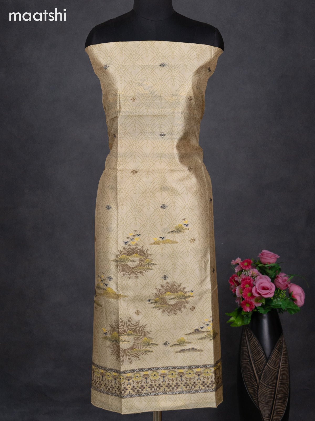 Semi tussar dress material sandal with allover thread weaves and bottom & dupatta