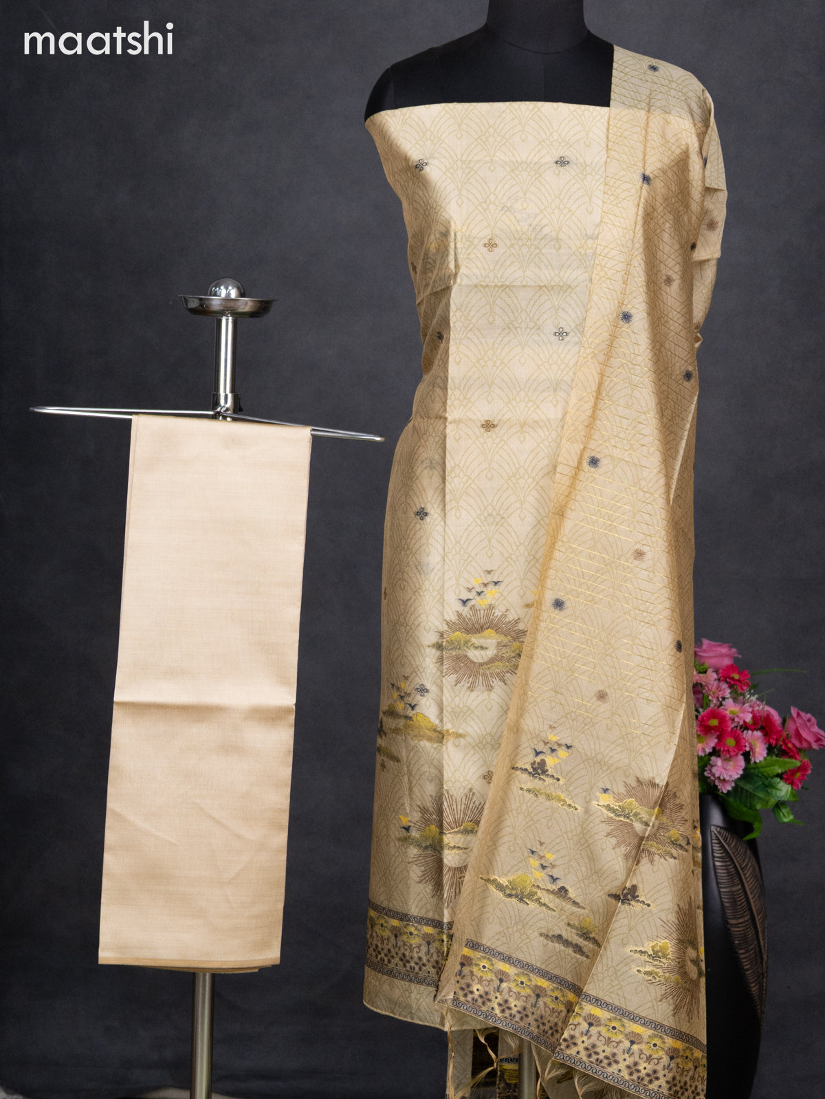 Semi tussar dress material sandal with allover thread weaves and bottom & dupatta