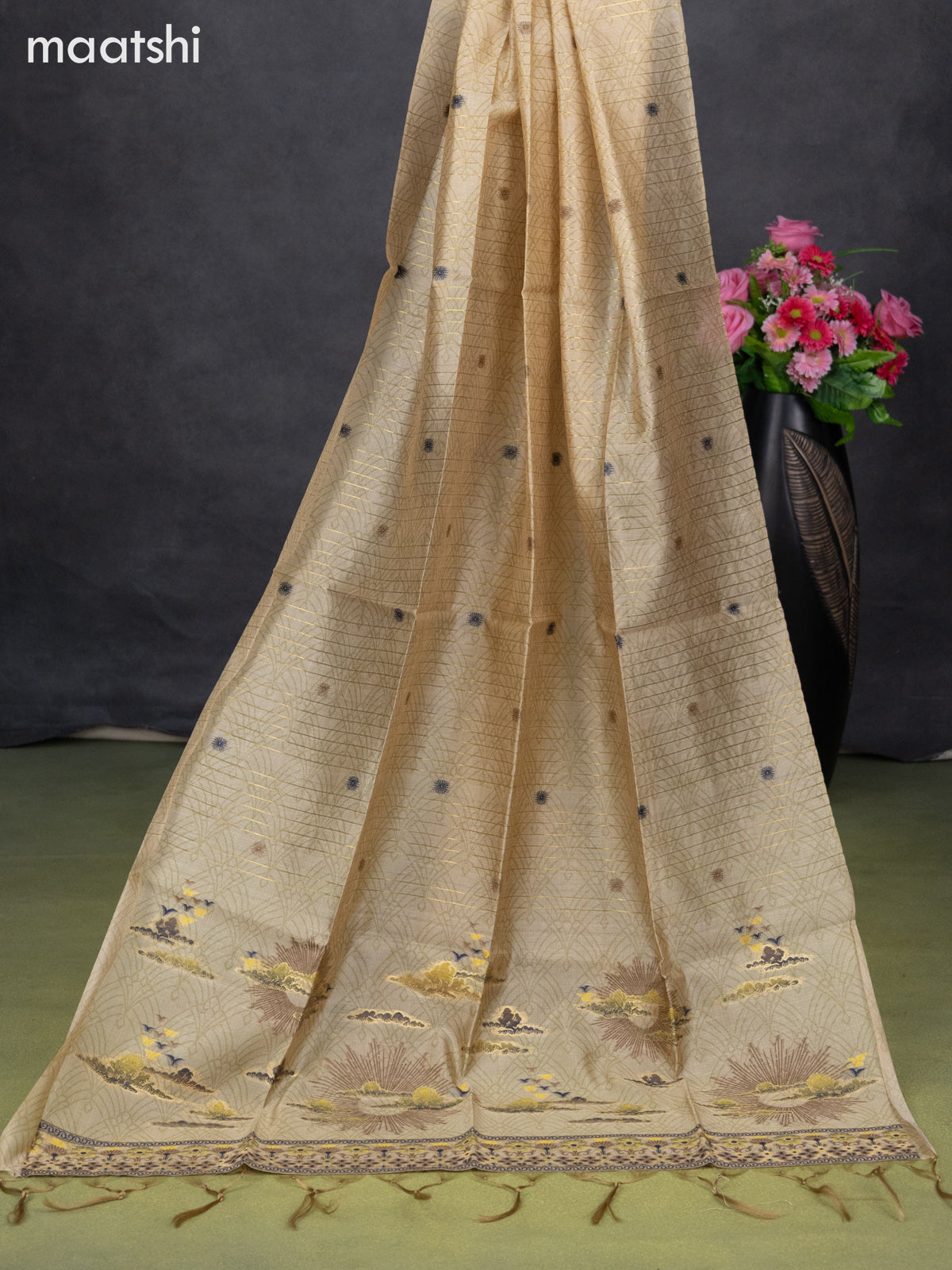 Semi tussar dress material sandal with allover thread weaves and bottom & dupatta