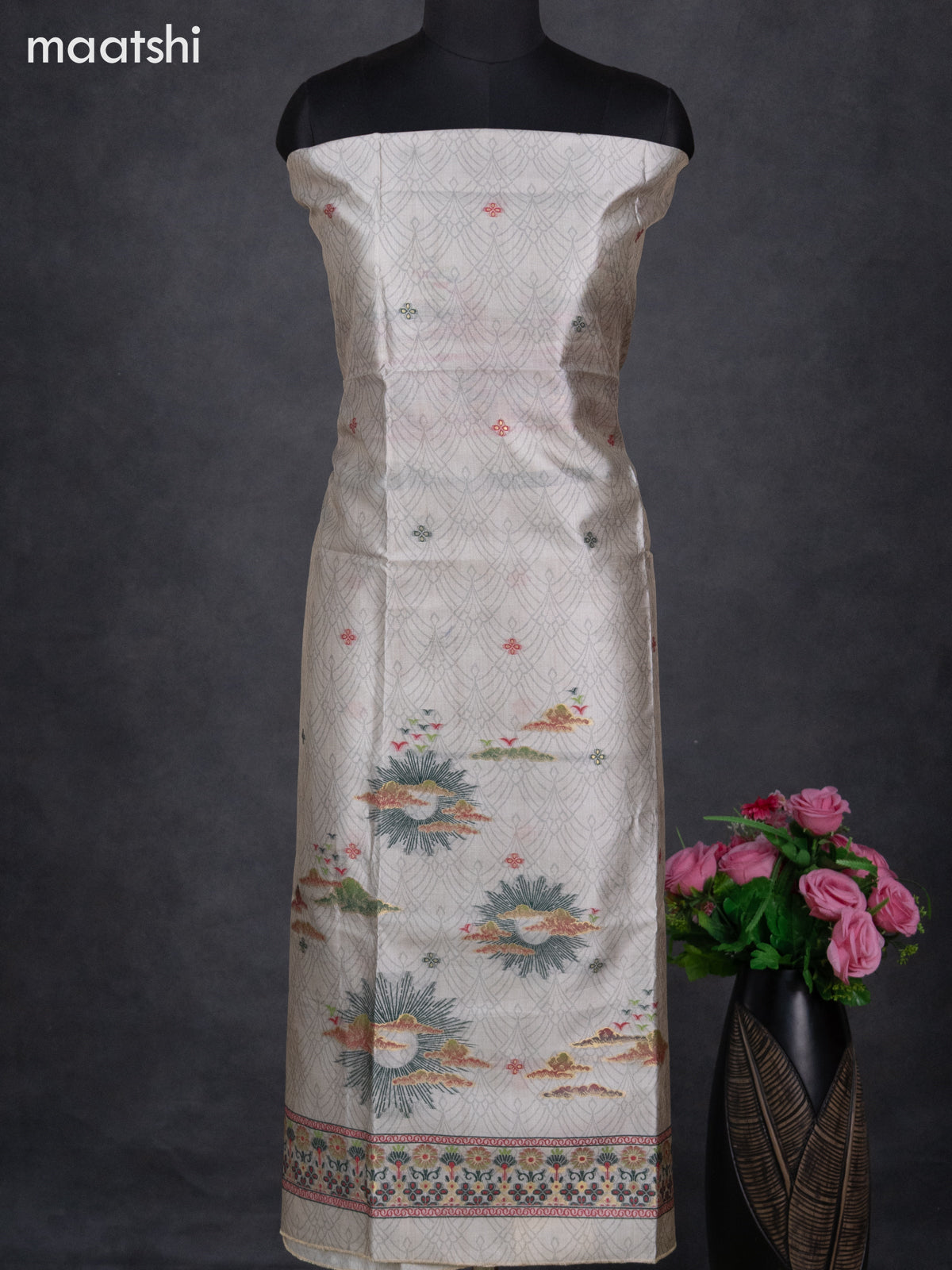 Semi tussar dress material beige with allover thread weaves and bottom & dupatta