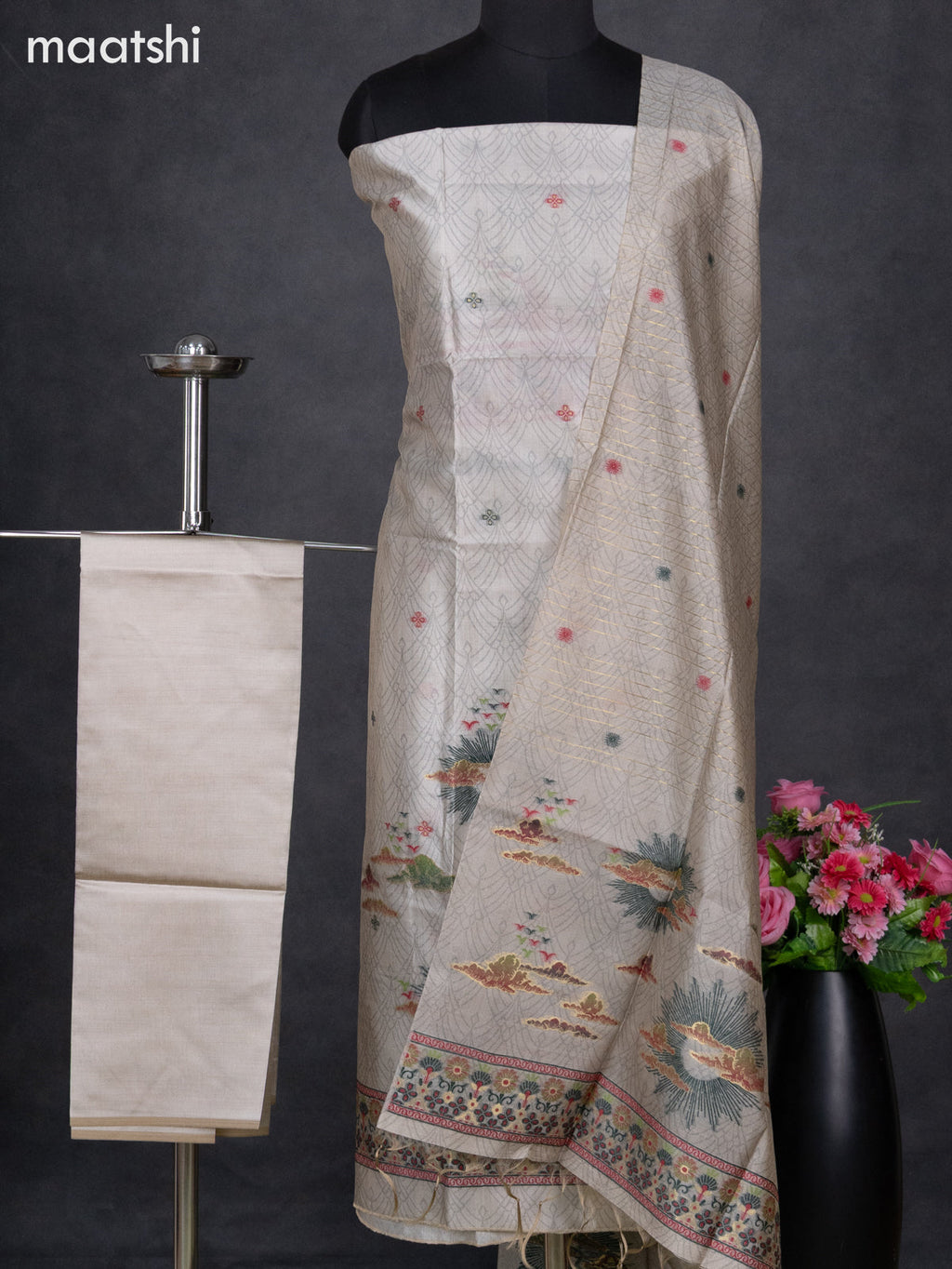 Semi tussar dress material beige with allover thread weaves and bottom & dupatta