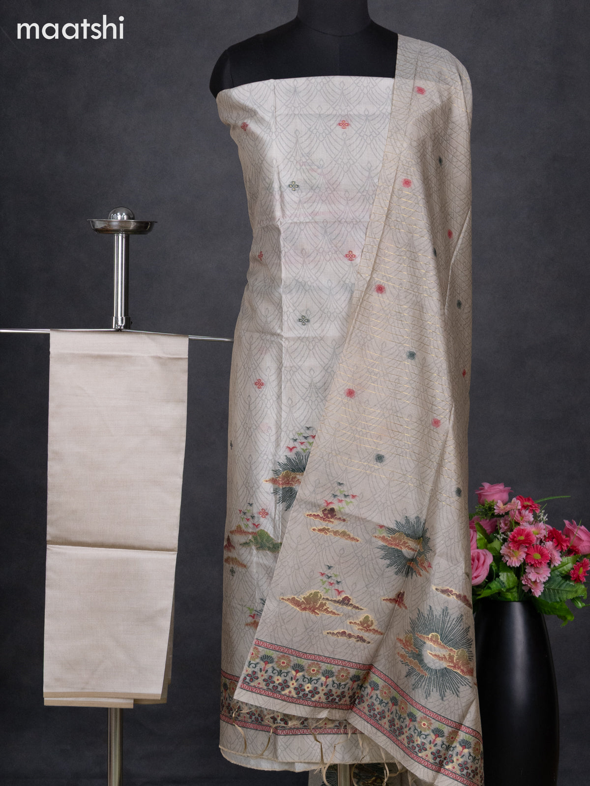 Semi tussar dress material beige with allover thread weaves and bottom & dupatta
