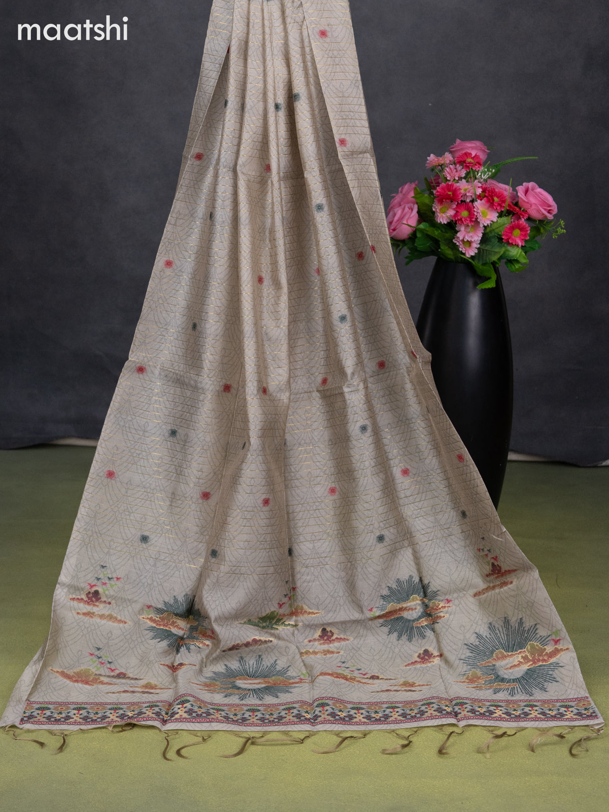 Semi tussar dress material beige with allover thread weaves and bottom & dupatta