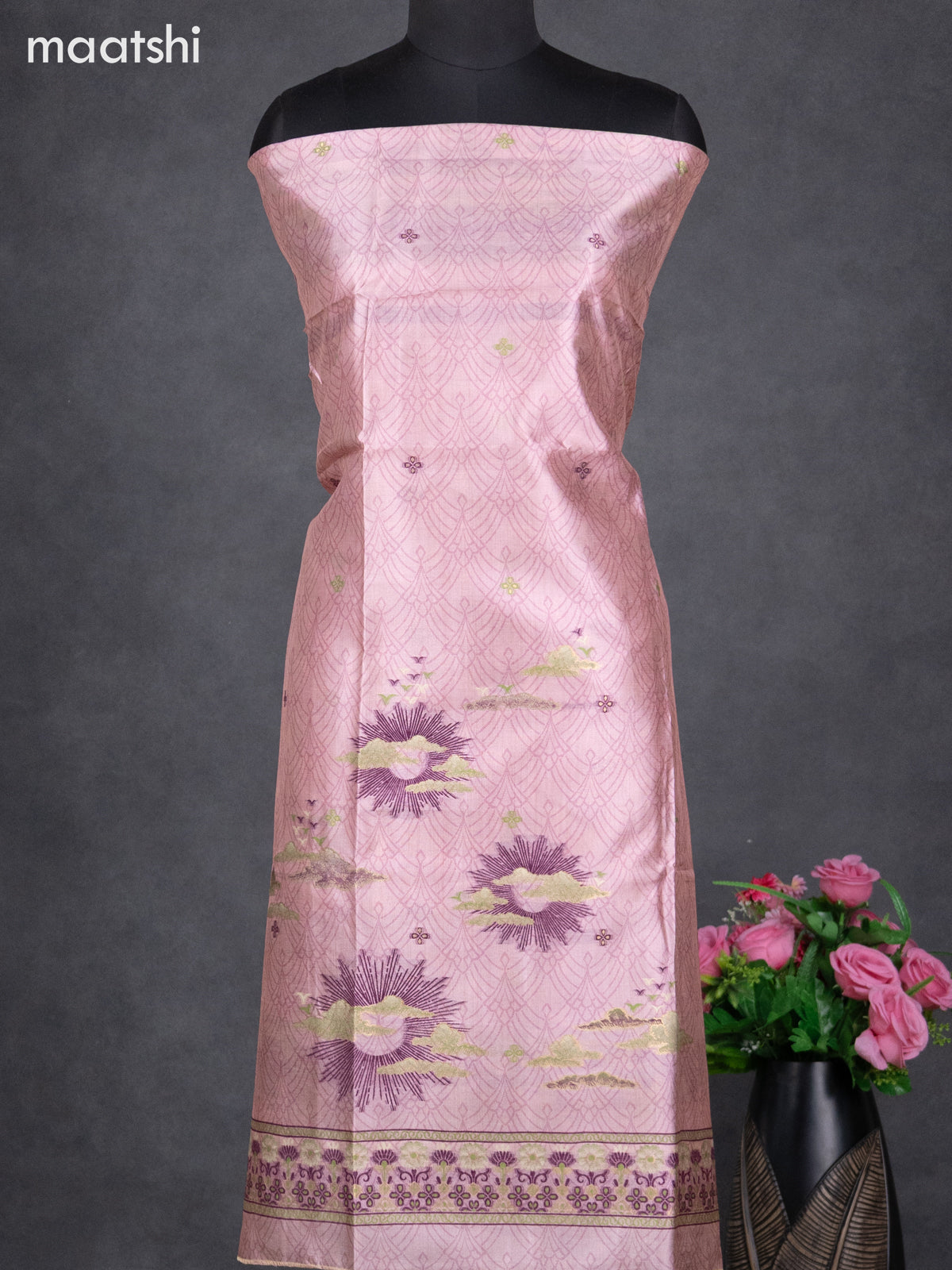 Semi tussar dress material pastel pink with allover thread weaves and bottom & dupatta
