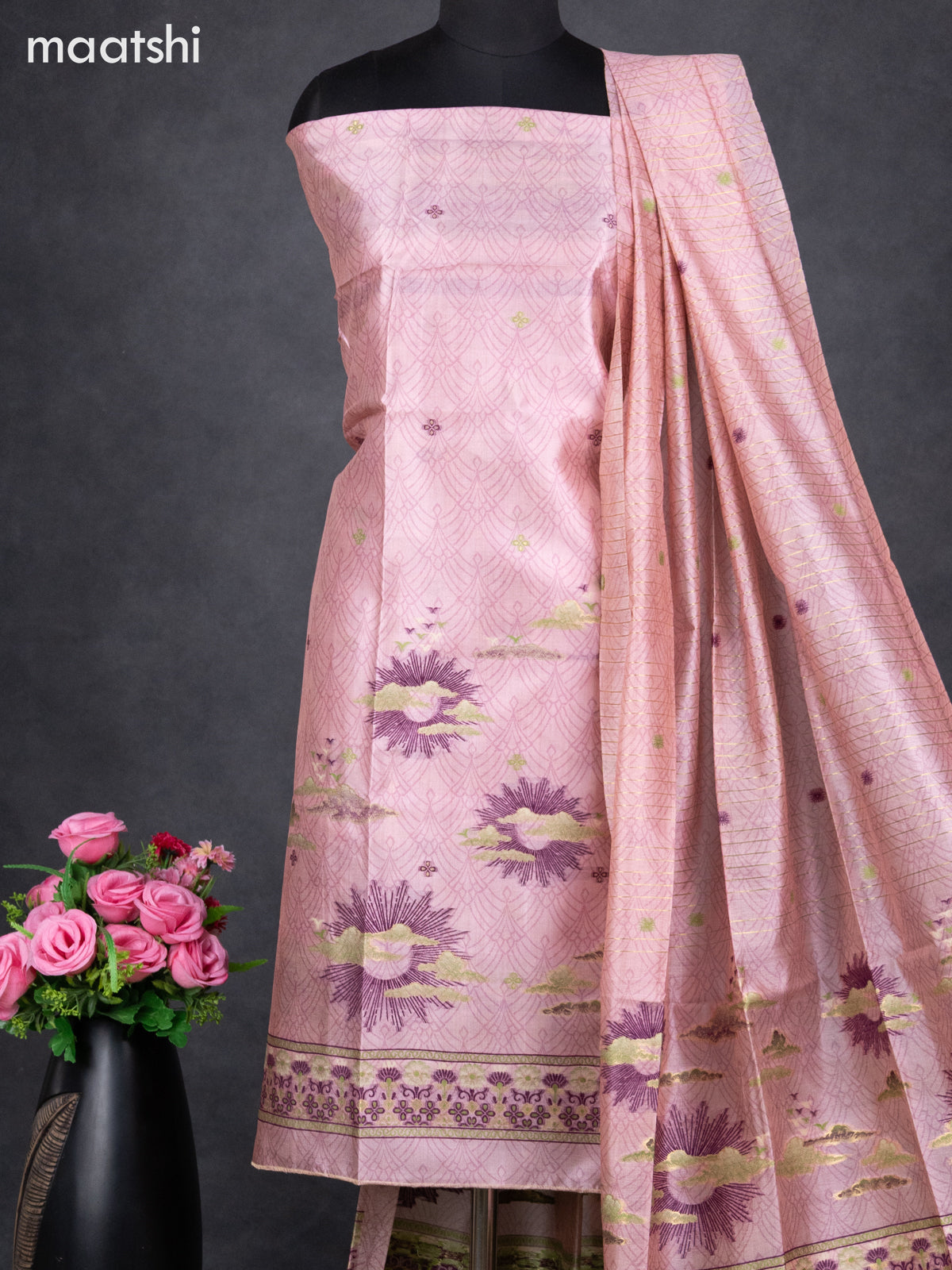 Semi tussar dress material pastel pink with allover thread weaves and bottom & dupatta