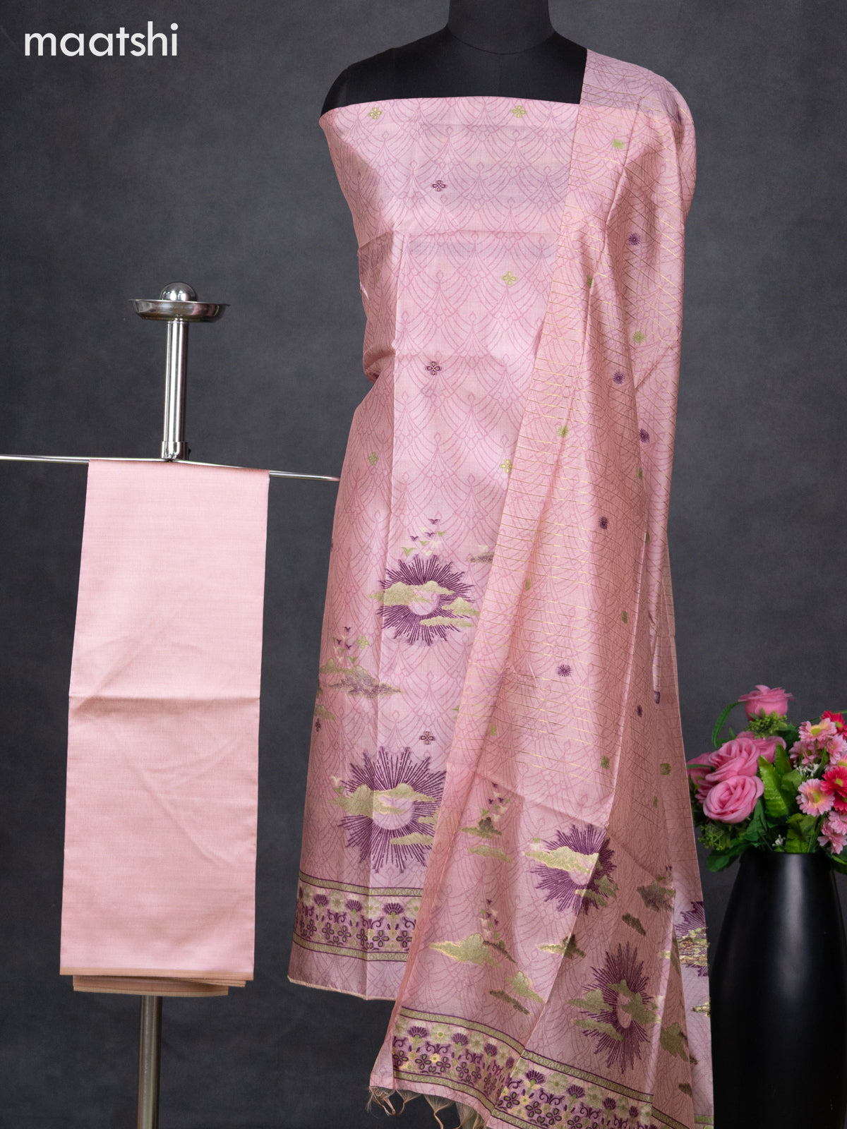Semi tussar dress material pastel pink with allover thread weaves and bottom & dupatta