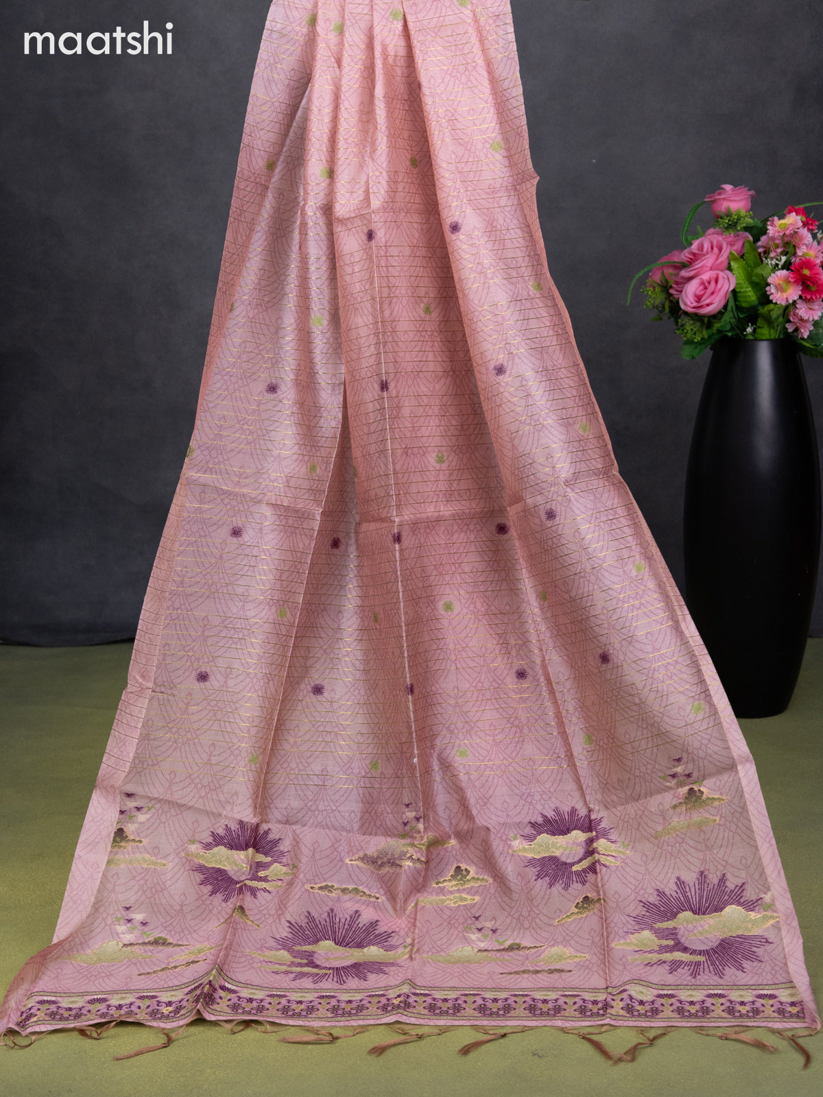Semi tussar dress material pastel pink with allover thread weaves and bottom & dupatta