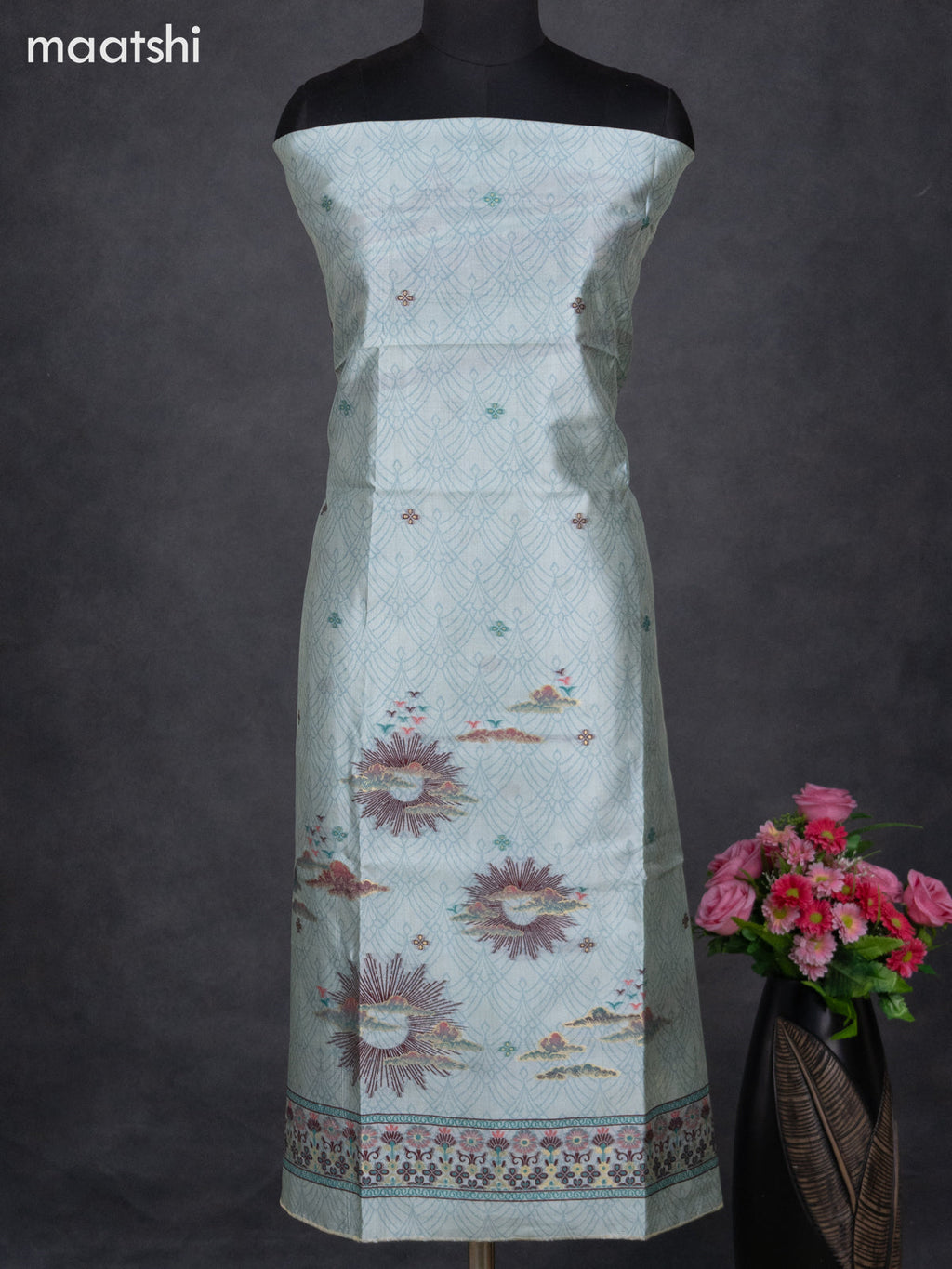 Semi tussar dress material pastel blue with allover thread weaves and bottom & dupatta