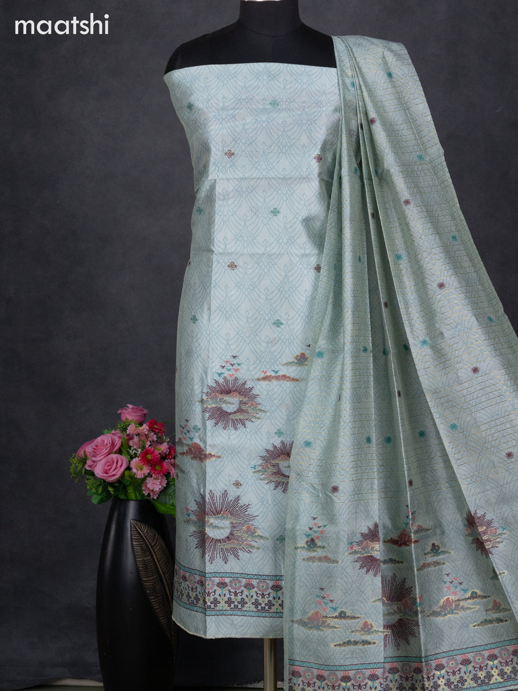 Semi tussar dress material pastel blue with allover thread weaves and bottom & dupatta