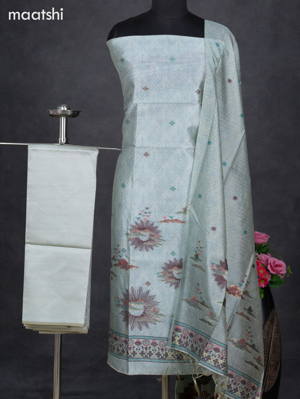 Semi tussar dress material pastel blue with allover thread weaves and bottom & dupatta