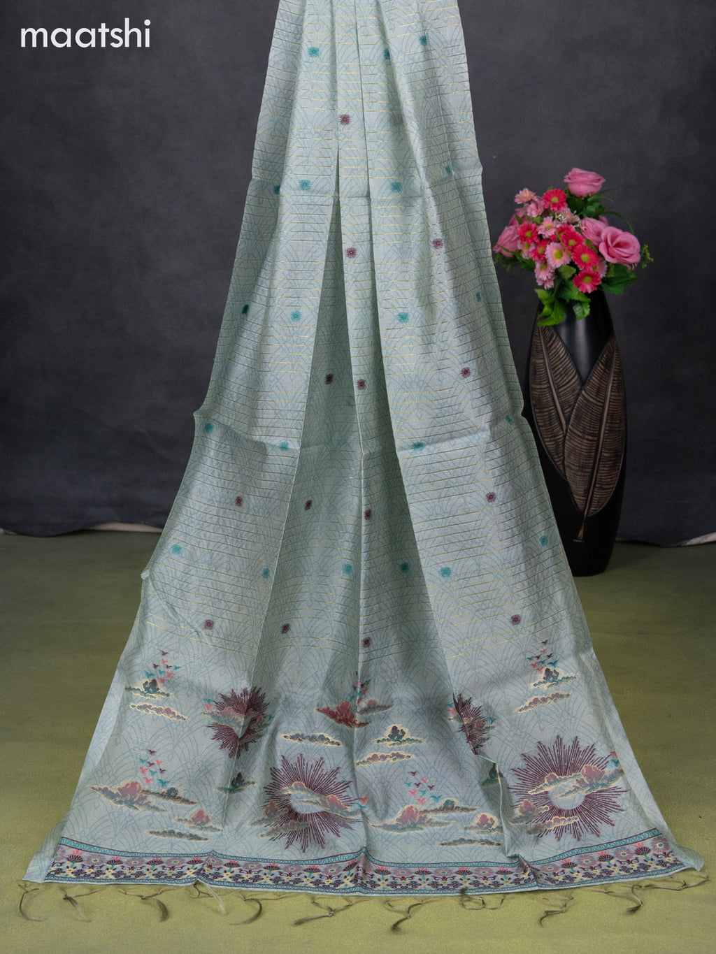 Semi tussar dress material pastel blue with allover thread weaves and bottom & dupatta