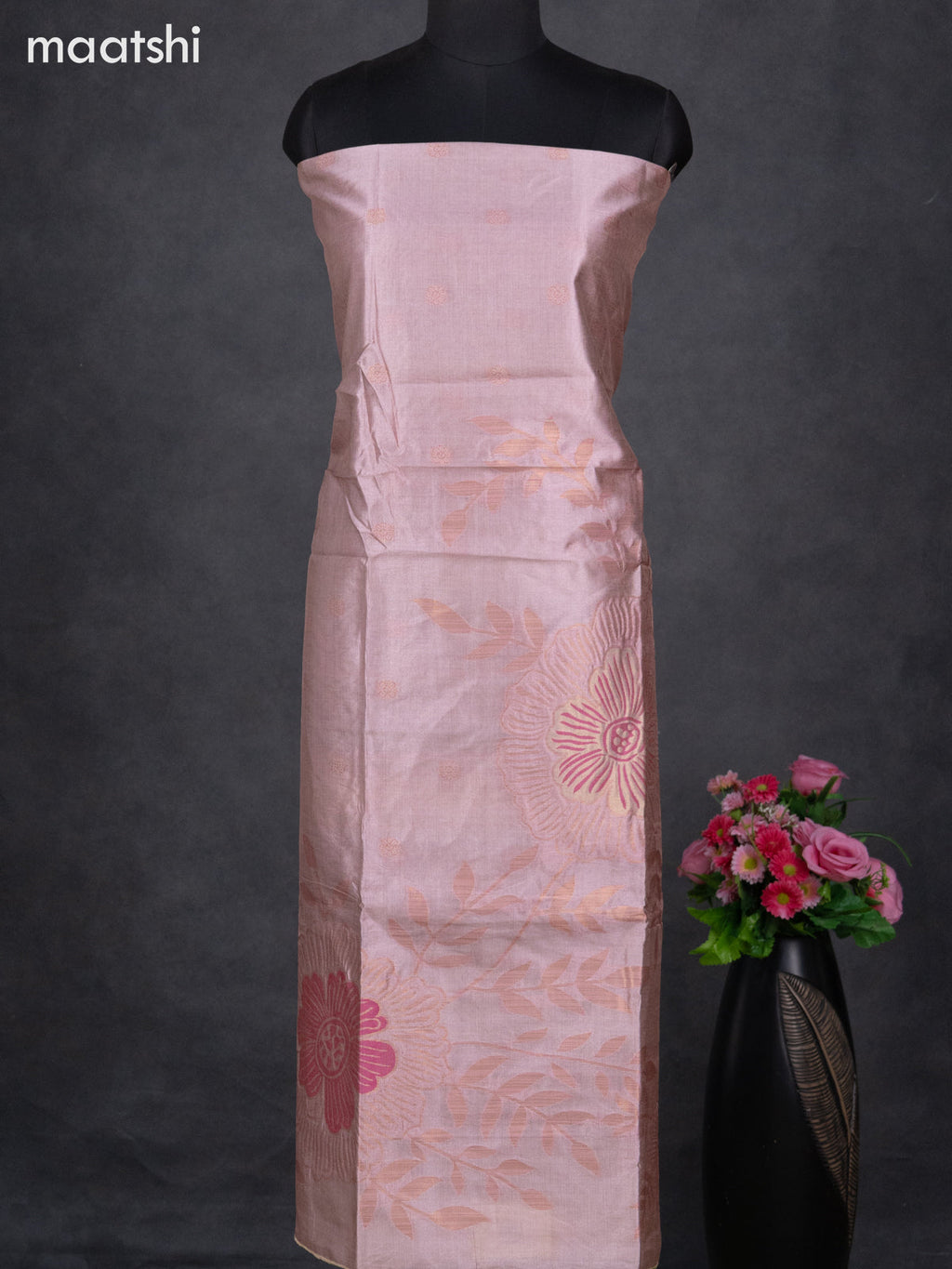 Semi tussar dress material pastel peach pink with thread & zari woven floral weaves and bottom & dupatta