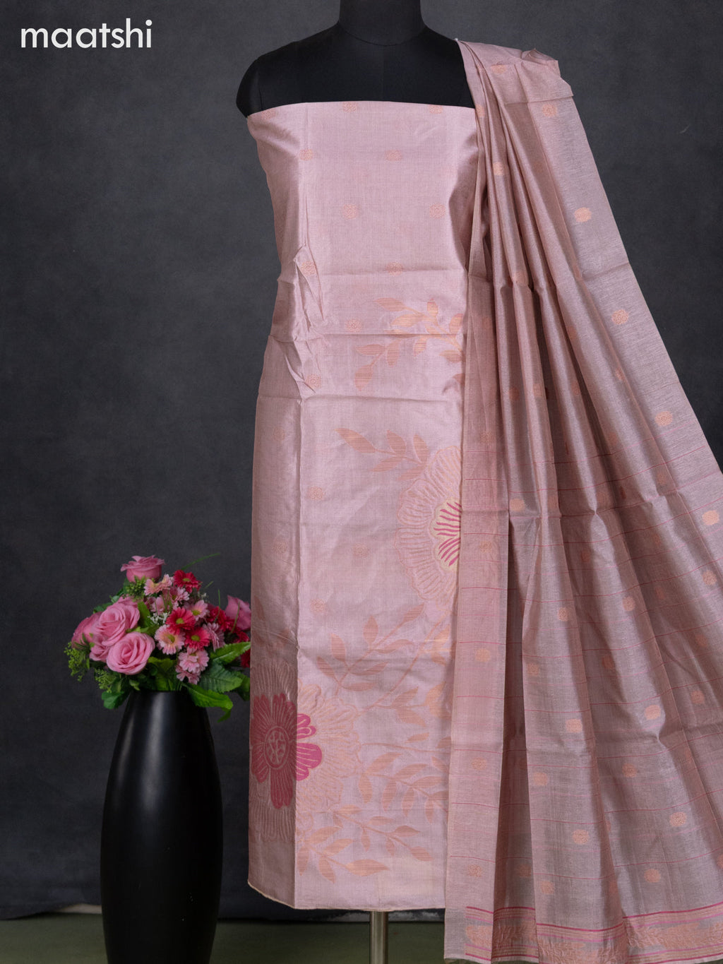 Semi tussar dress material pastel peach pink with thread & zari woven floral weaves and bottom & dupatta