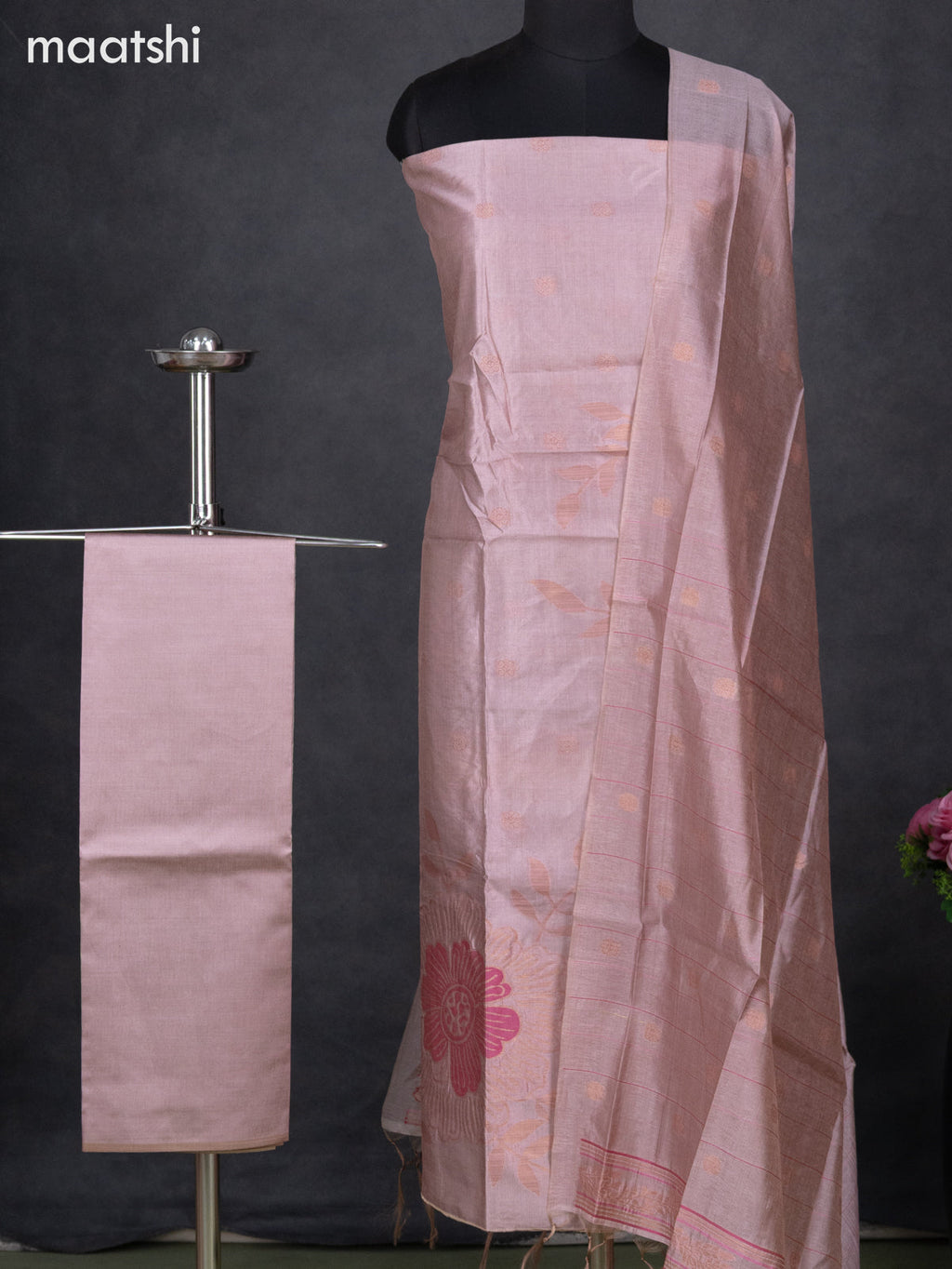 Semi tussar dress material pastel peach pink with thread & zari woven floral weaves and bottom & dupatta