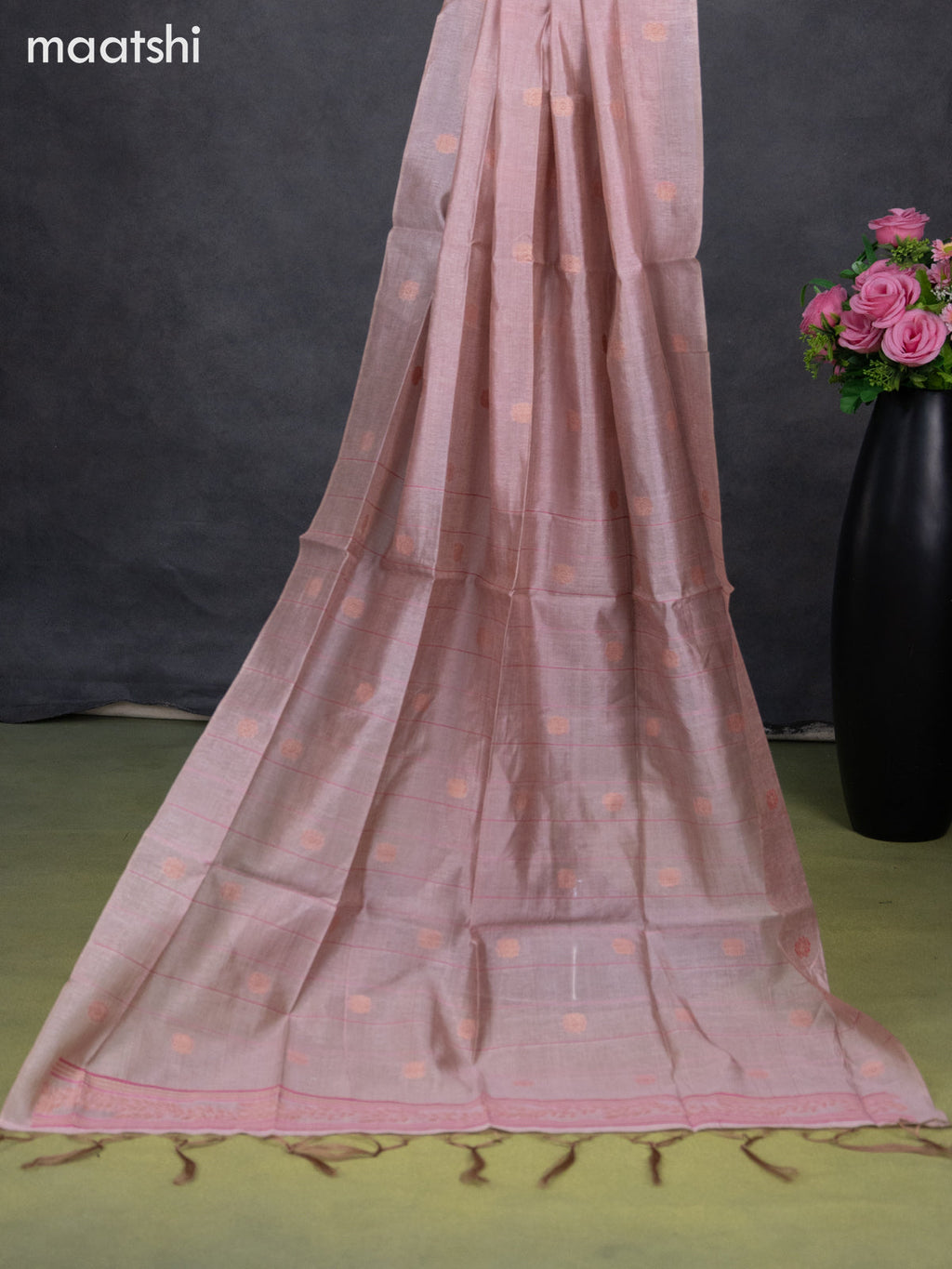 Semi tussar dress material pastel peach pink with thread & zari woven floral weaves and bottom & dupatta