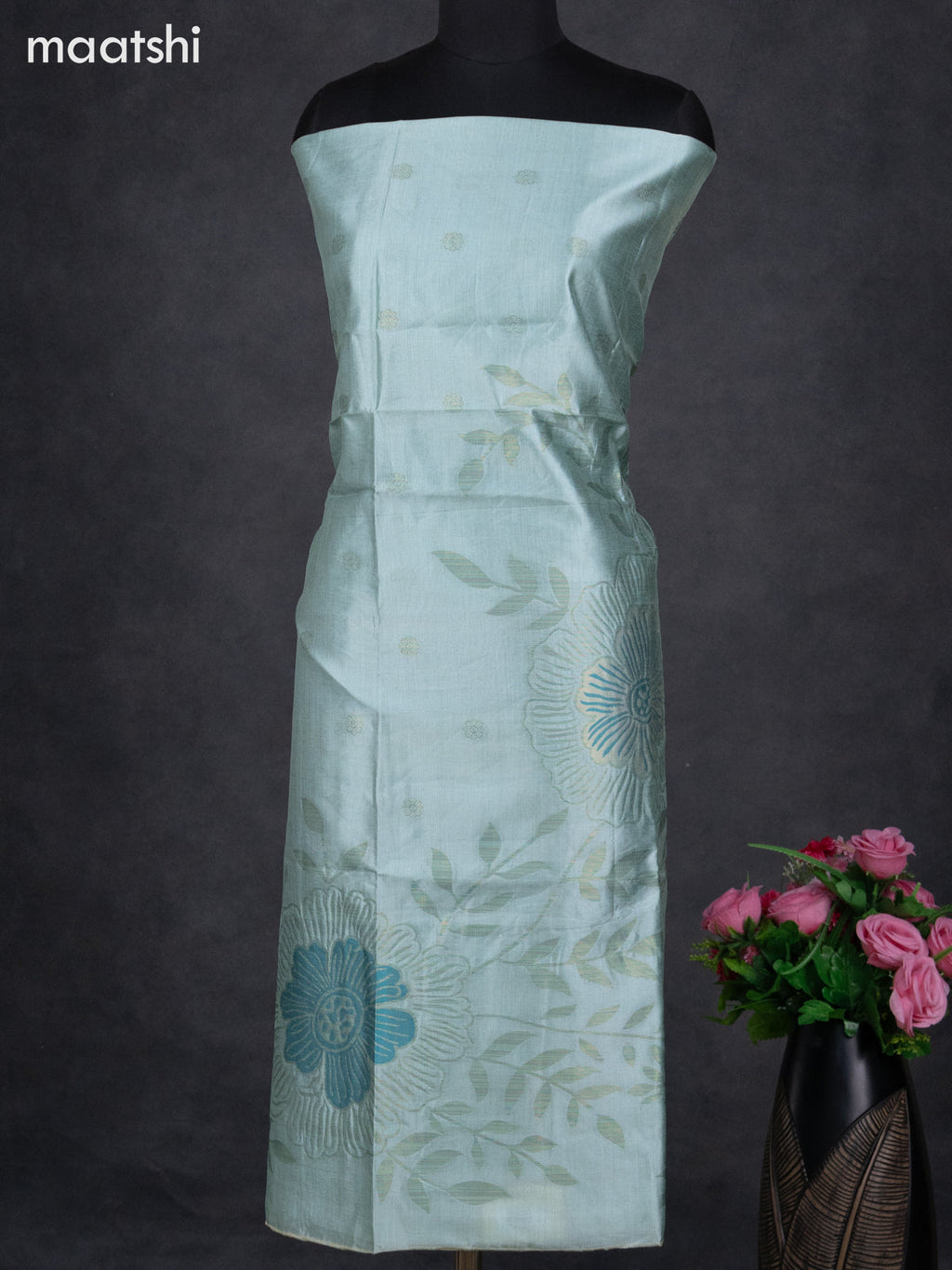 Semi tussar dress material teal shade with thread & zari woven floral weaves and bottom & dupatta