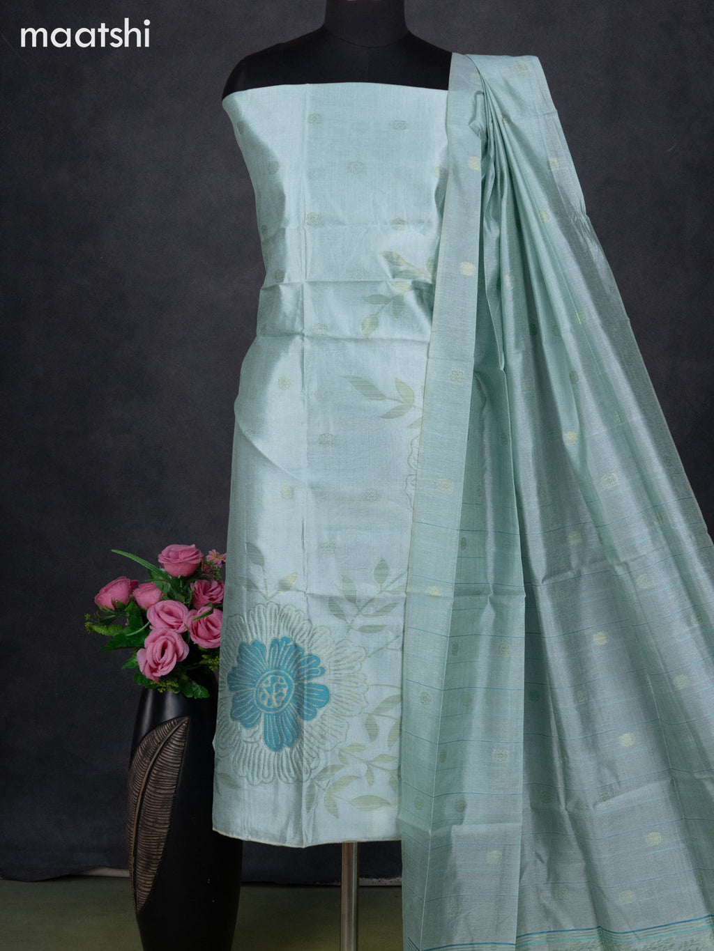Semi tussar dress material teal shade with thread & zari woven floral weaves and bottom & dupatta