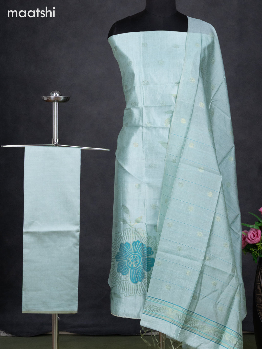 Semi tussar dress material teal shade with thread & zari woven floral weaves and bottom & dupatta