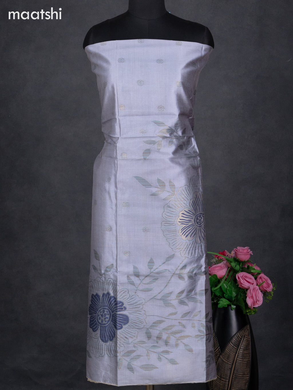 Semi tussar dress material pastel violet with thread & zari woven floral weaves and bottom & dupatta